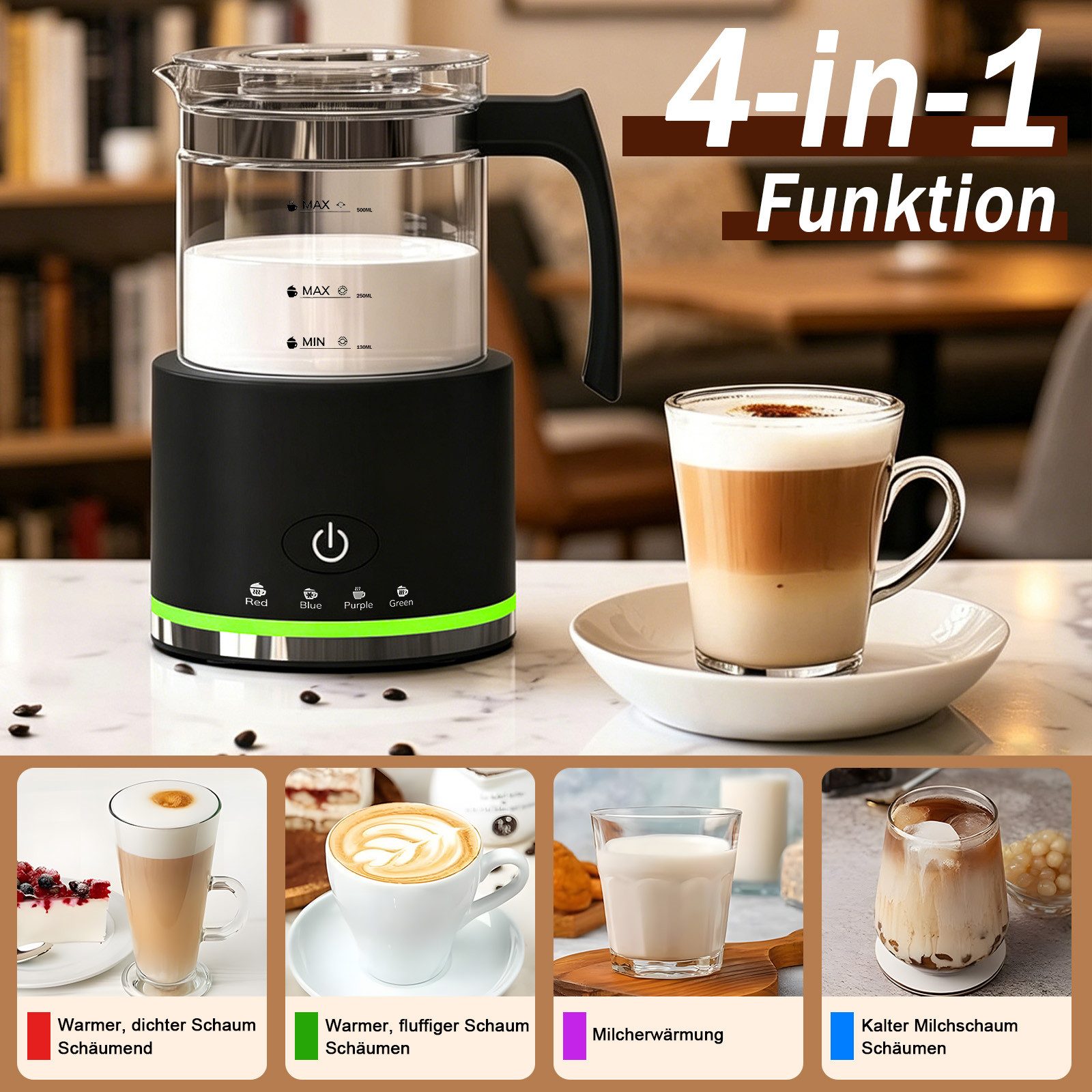 AKKEE Milchaufschäumer Elektrisch, 4 in 1 Milchschäumer für Heißer und Kalter, 500ml, 600 W