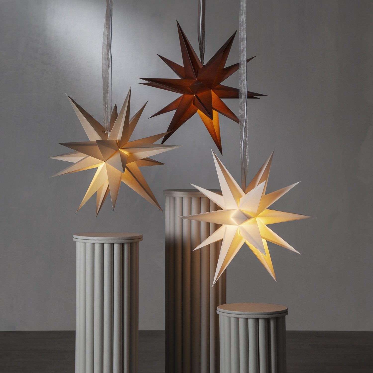 Stern creme mit LED 45cm Faltstern Papierstern Stern MARELIDA Band Weihnachtsstern 3D D: