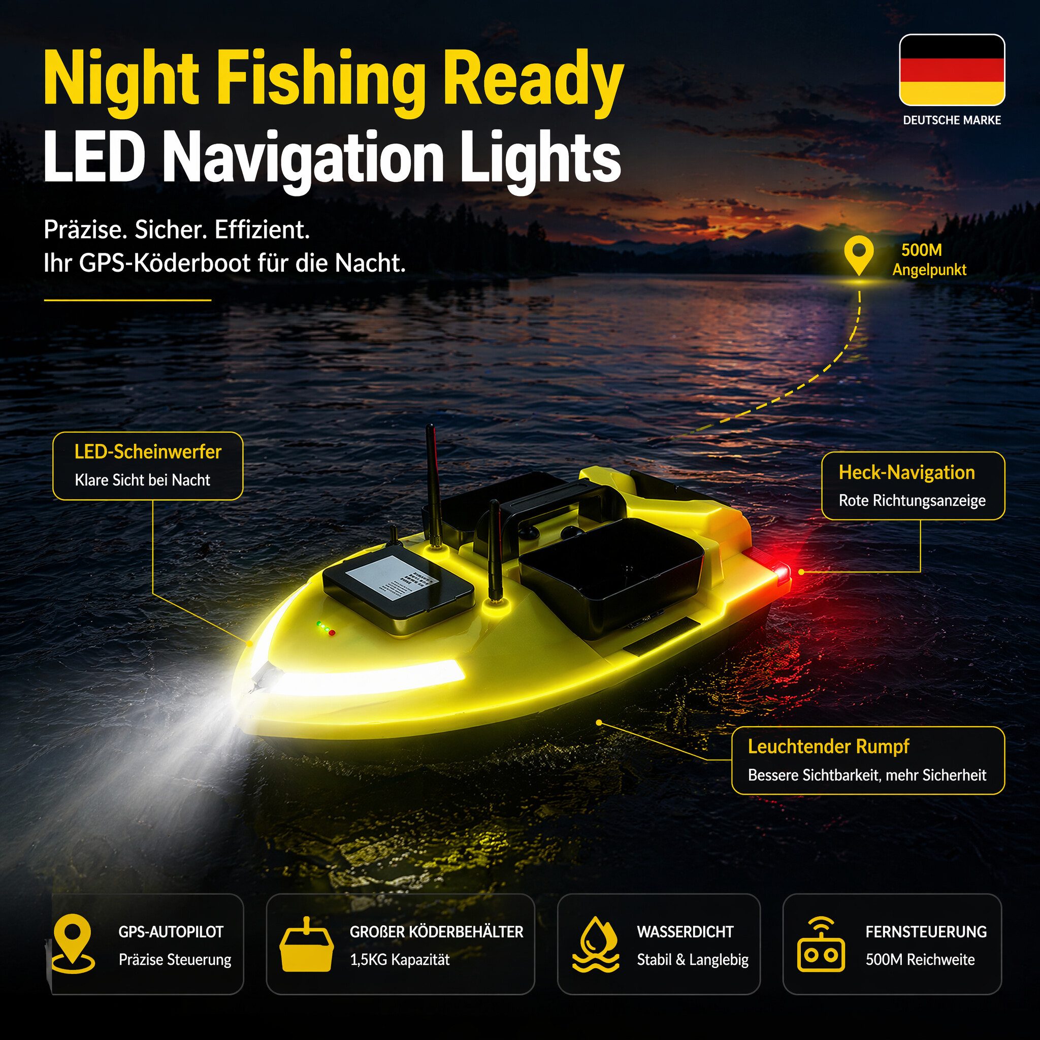 GARRYFIZH RC-Boot GPS-gestütztes Futterboot Ferngesteuertes Futterboot (Set, Leistungsstarker Motor Helle LED-Scheinwerfer), Automatische Rückkehr zum Ausgangspunkt Tempomat GPS-Positionierung