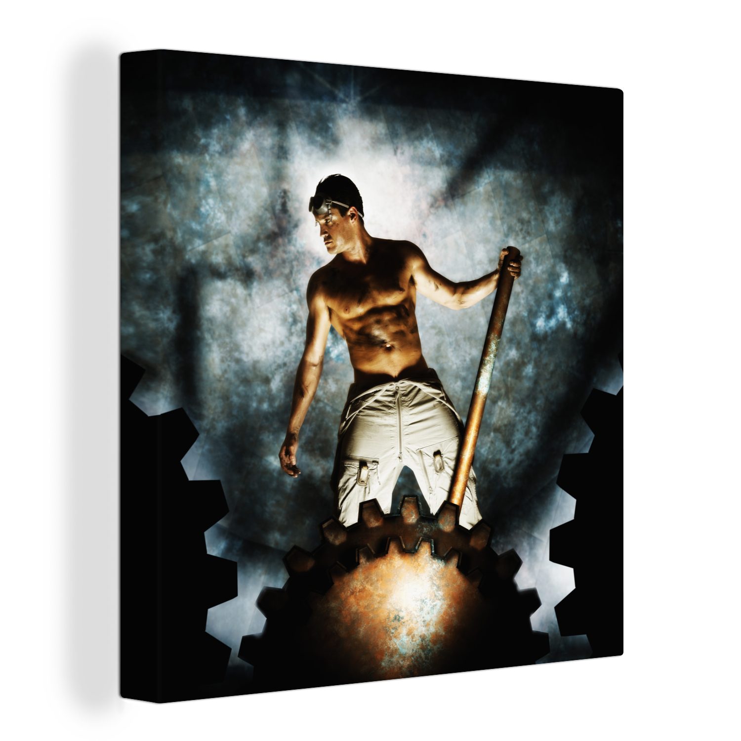 OneMillionCanvasses® Leinwandbild Ein Mann ohne Hemd in einer Fabrik, (1 St), Leinwand Bilder für Wohnzimmer Schlafzimmer