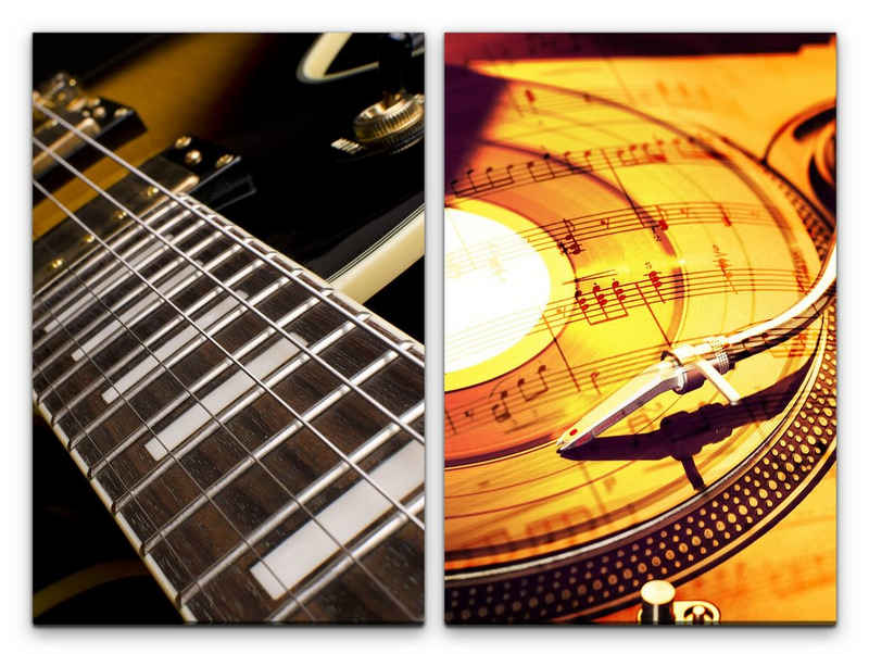 Sinus Art Leinwandbild 2 Bilder je 60x90cm E-Gitarre Musik Plattenspieler Noten goldene Schallplatte Vinyl Audiophile