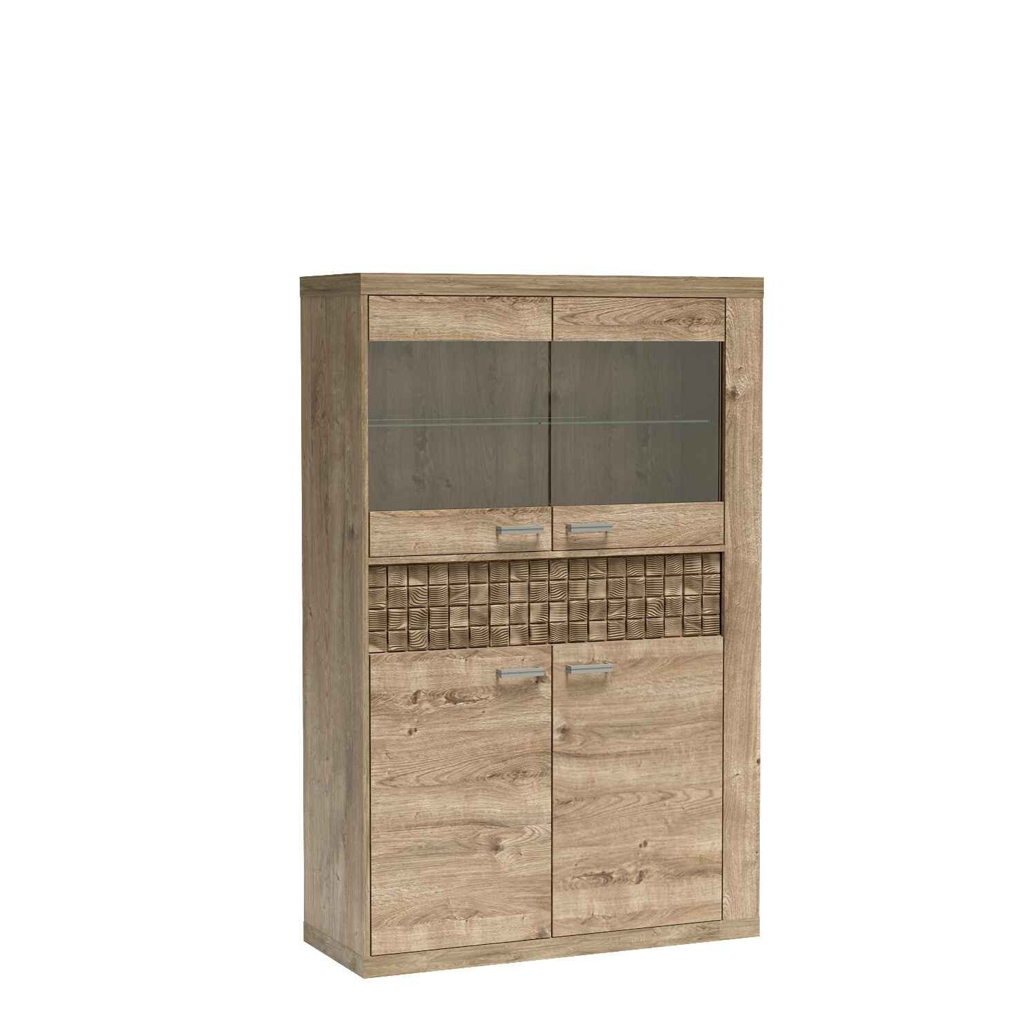Masseno Glasvitrine YASUO 159,5 x 102 cm Vitrine Vitrinenschrank mit 4 Türen Eichefarben