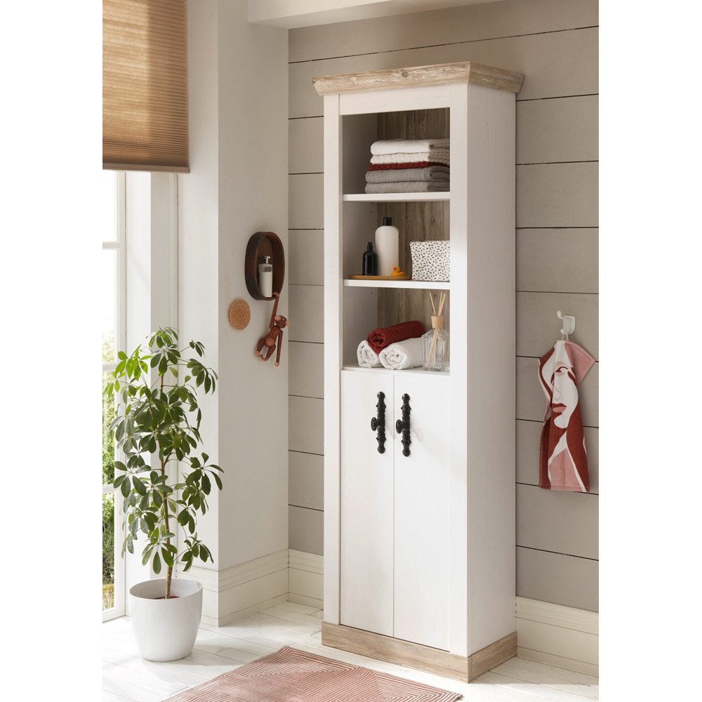 Lomadox Hochschrank FERNA-61 Pinie weiß Nb. mit Absetzungen in Pinie dunkel Nb. 65/200/35 cm