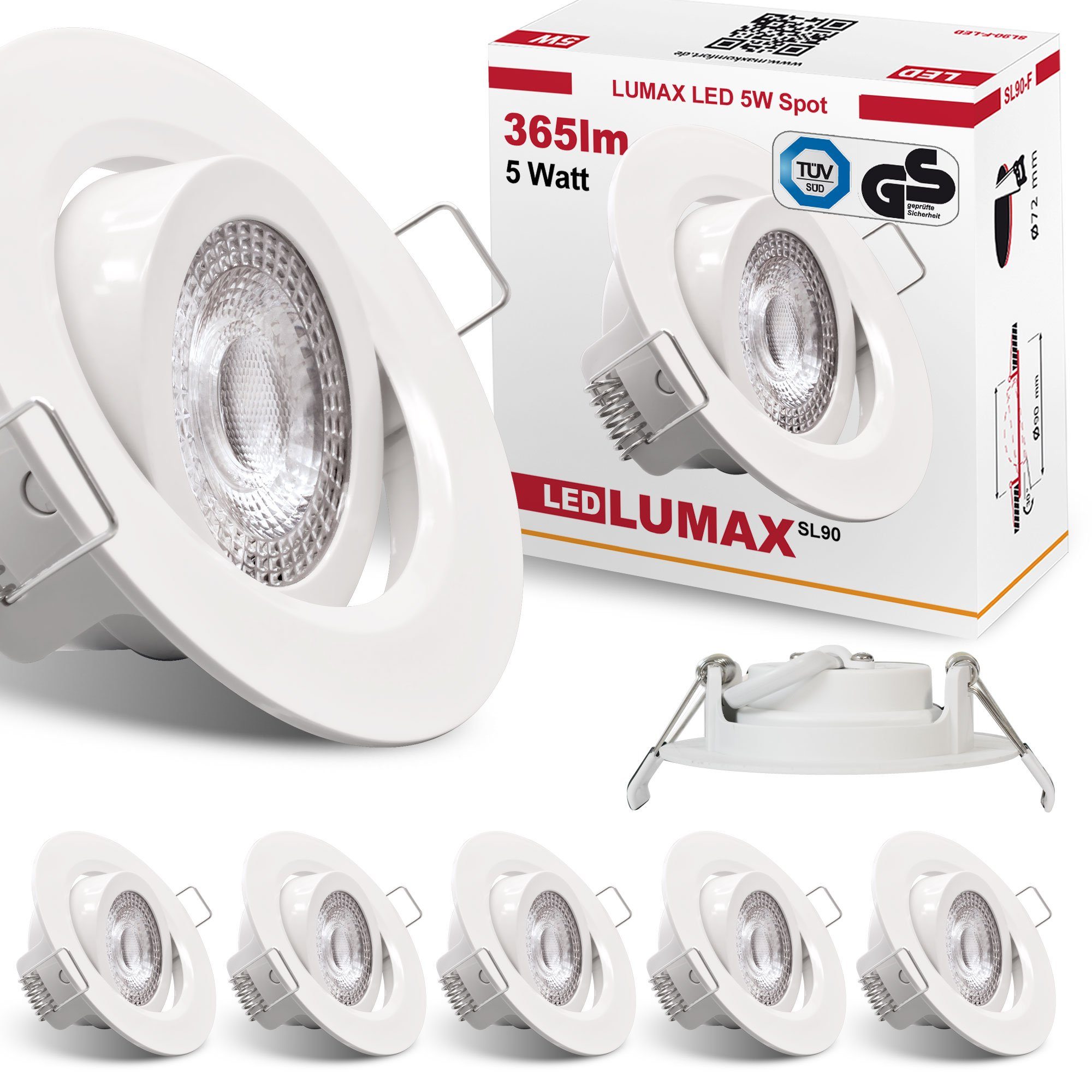 Maxkomfort LED Einbauleuchte LUMAX, LED fest integriert, warmweiß, 3000K, warmweiß, dimmbar, einbauspot, deckenspot, rund, 400 lumen, schwenkbar, flach