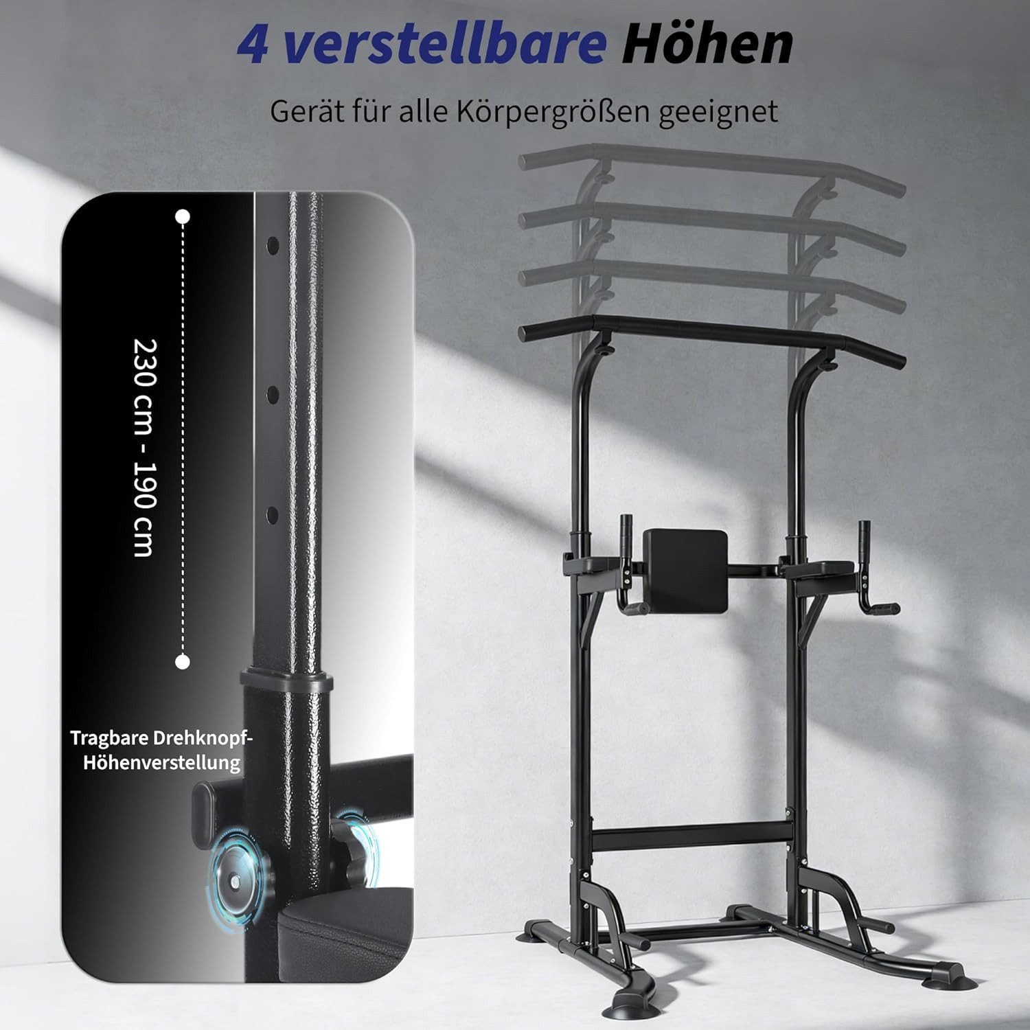 Nettlife Kraftstation Freistehend Power Tower Dip-Station & Klimmzugstange, (109x87x230cm), Klimmzugstange verstellbarer Höhe für Krafttraining zu Hause