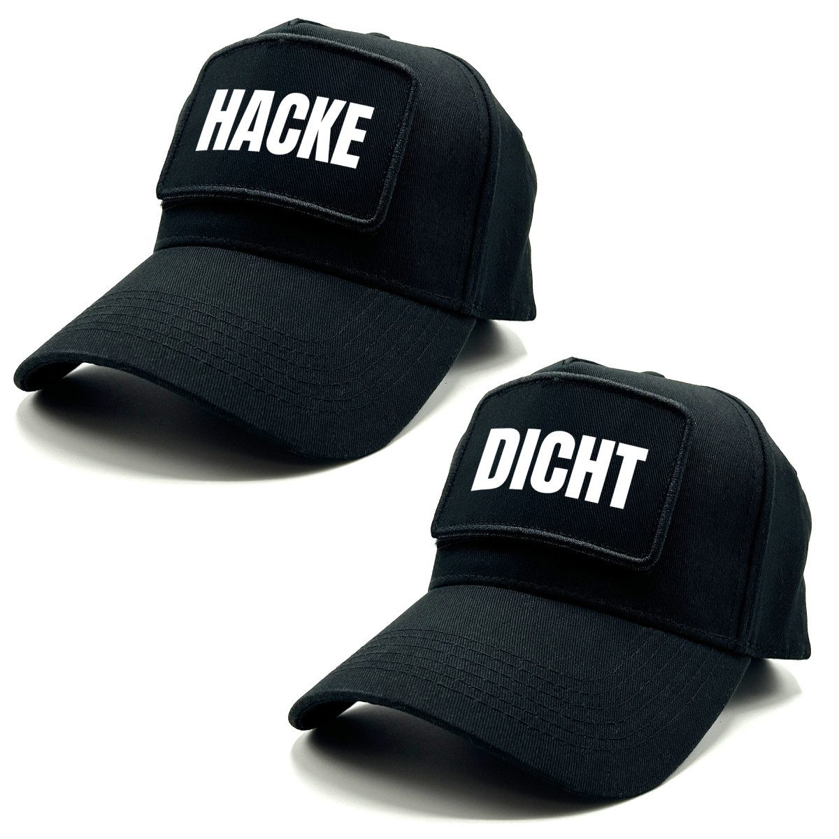 Herzbotschaft Baseball Cap 2er Set mit Spruch auf Patch HACKE - DICHT One Size durch verstellbaren Klip-Verschluss