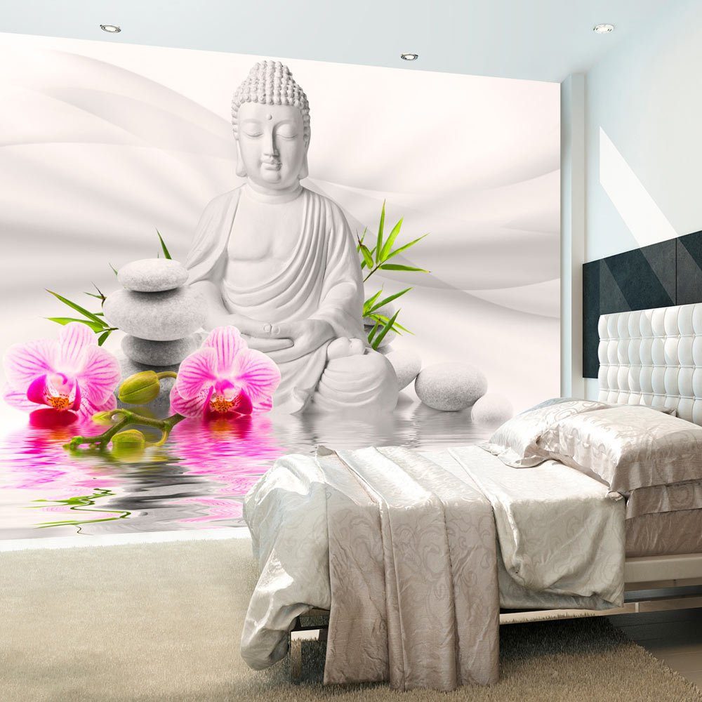 KUNSTLOFT Vliestapete Buddha und Orchideen 2.5x1.75 m, halb-matt, lichtbeständige Design Tapete