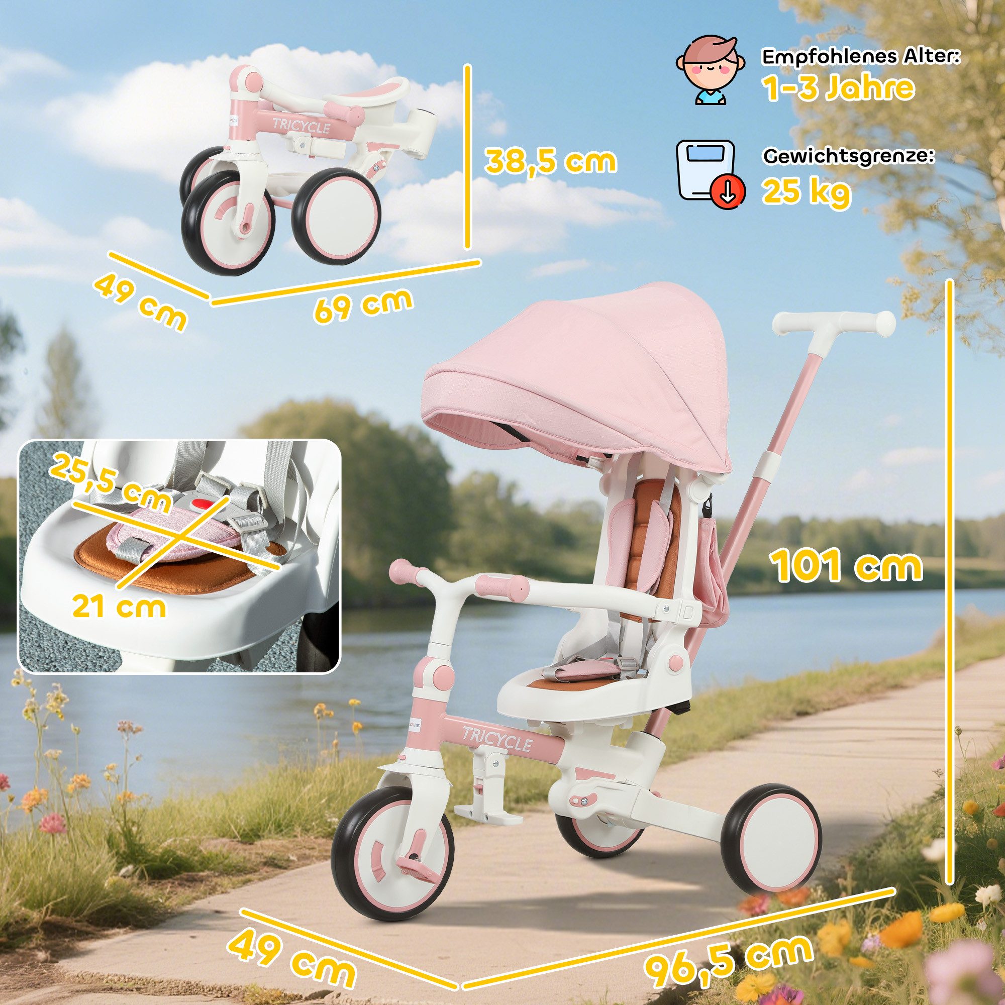 AIYAPLAY Dreirad 5-in-1 mit Schubstange Faltbar Kinderdreirad mit reversiblem Sitz, für 1-3 Jahre Rosa