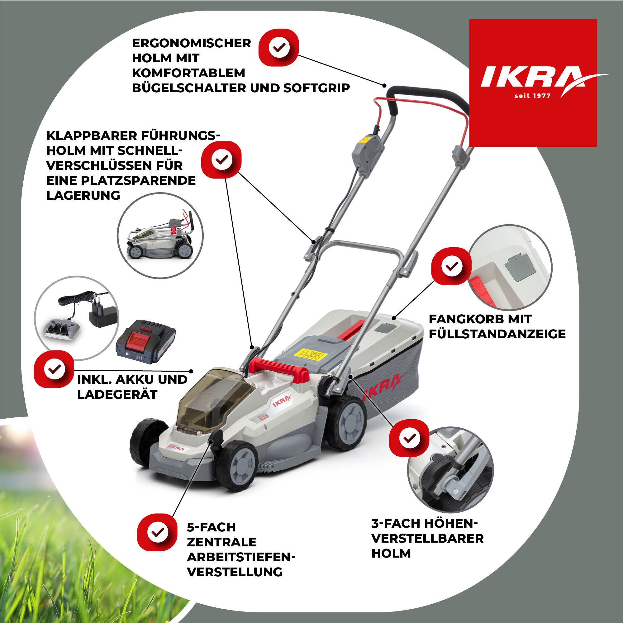 ikra GmbH Akkurasenmäher ICM 2033, 33 cm Schnittbreite, (1x Akku 20 V + 1x Ladegerät), 20V Akku - Rasenflächen bis zu 150 m²