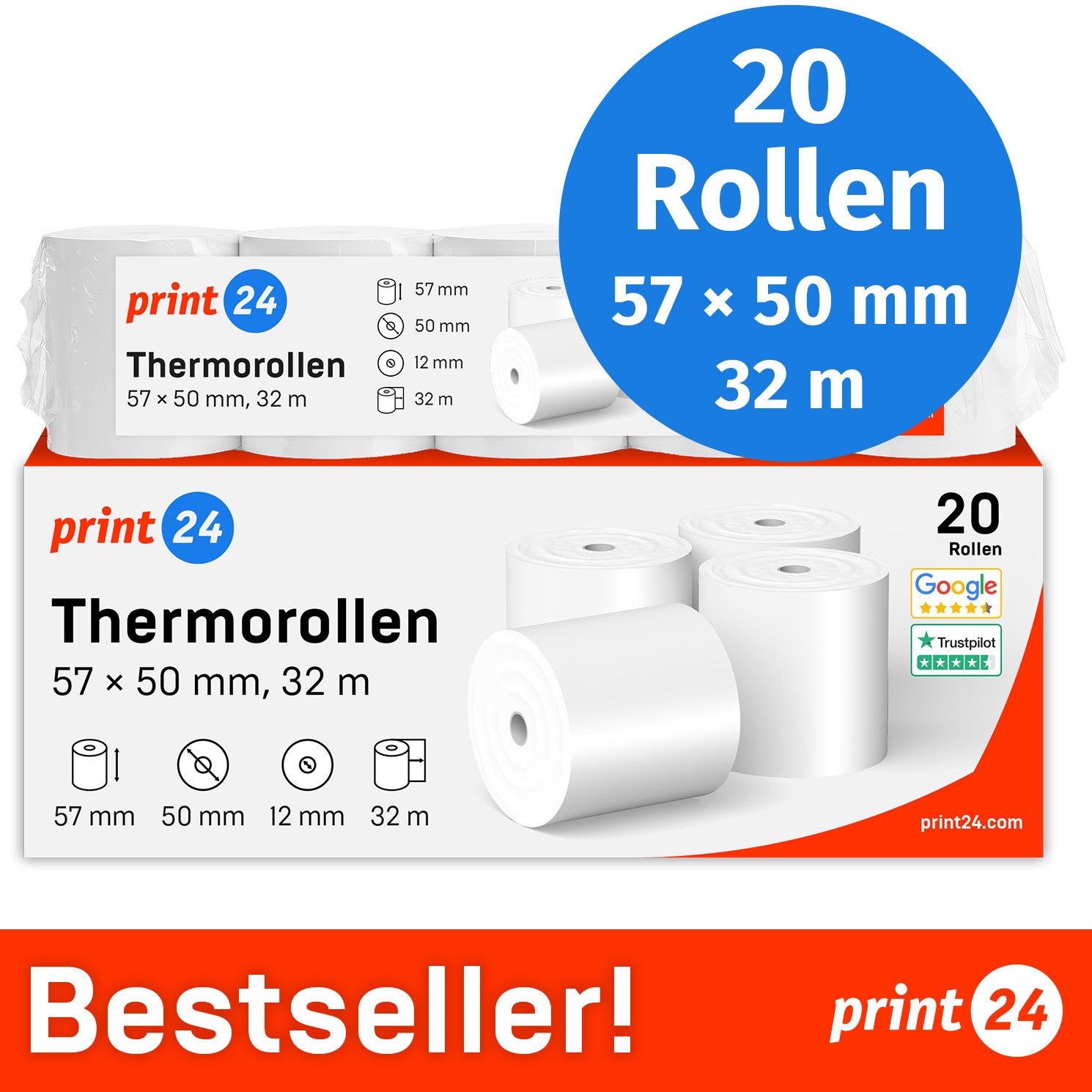 print24 Endlospapier Thermorollen, 57 x 50 x 12mm, 32m, PEFC, Für EPSON, IBM, u.v.m., PEFC-Zertifikat (GFA-PEFC-COC-500582)