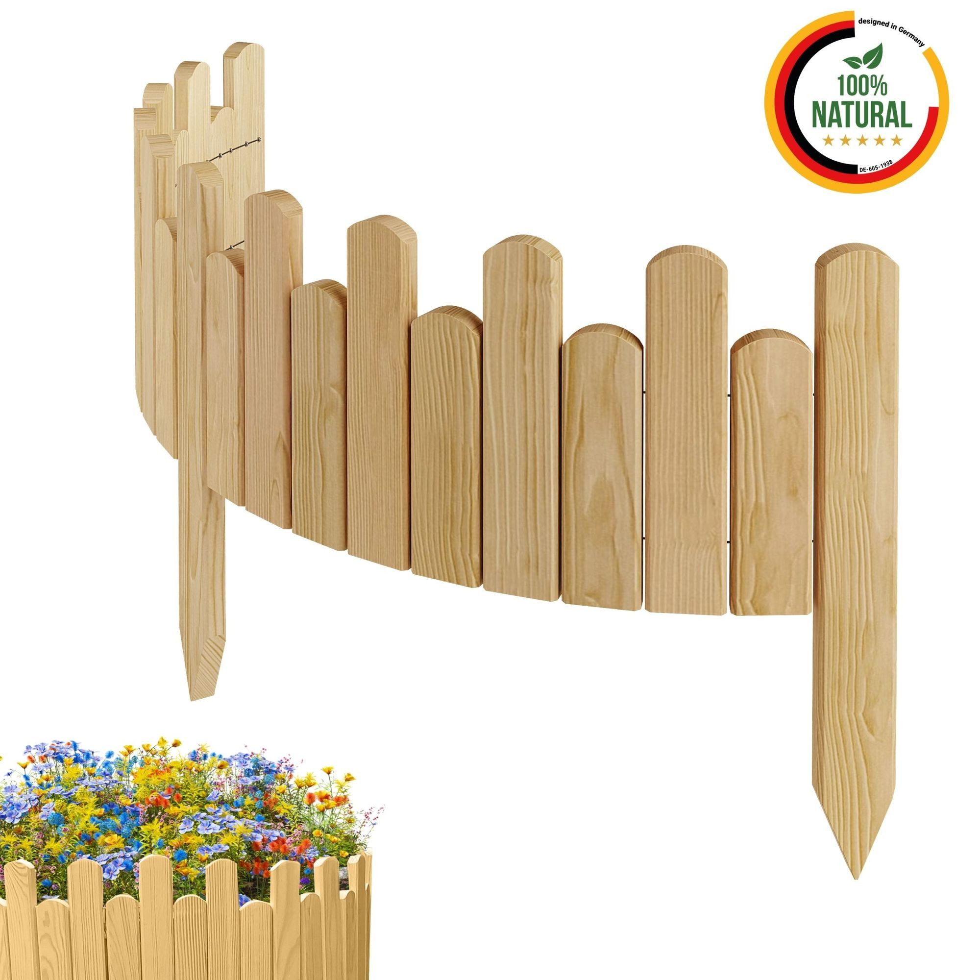 Floranica Palisade Beeteinfassung Rasenkante Flexible Holzzaun Gartenzaun Palisade, LxH: 100x20 cm, Natur, Rasenkante, Begrenzung von Blumenbeeten, Kräutergarten und Gartenwegen
