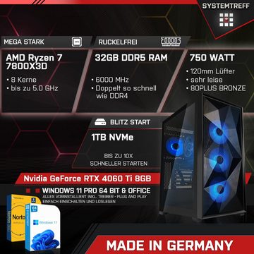 SYSTEMTREFF Gaming-PC (AMD Ryzen 7 7800X3D, GeForce RTX 4060 Ti, 32 GB RAM, 1000 GB SSD, Wasserkühlung, Windows 11, WLAN)