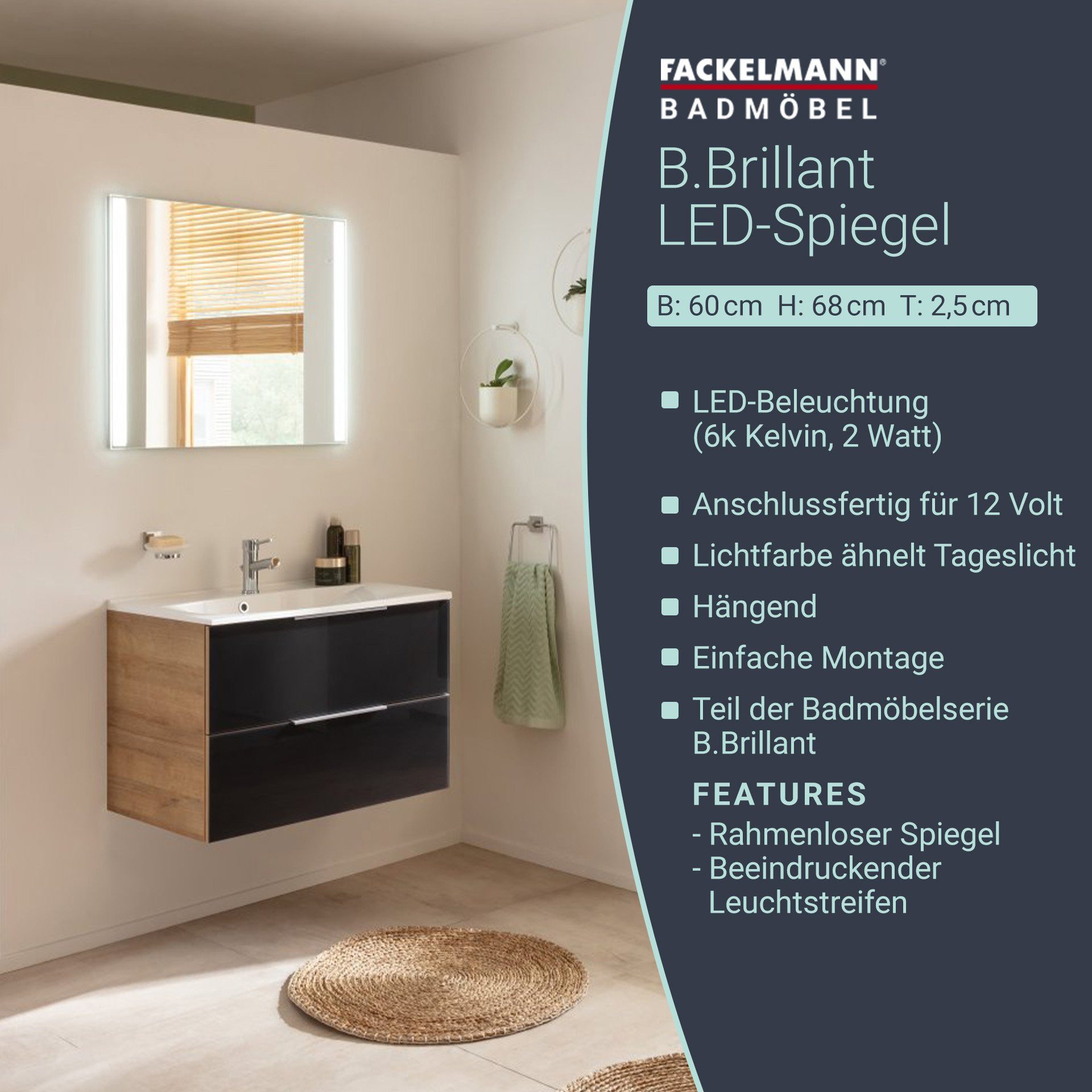 FACKELMANN Badspiegel LED-Spiegel Badezimmer bedienbar durch Sensorschalter