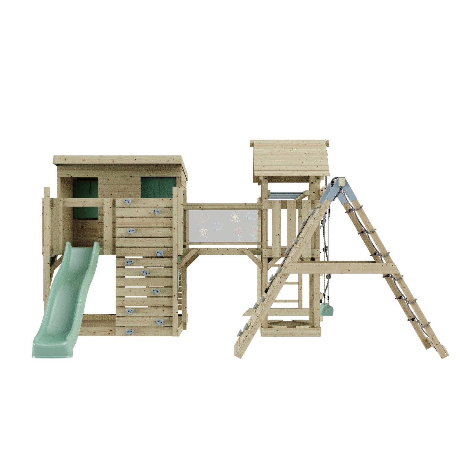 OutdoorToys Spielturm Bene, aus Holz in Mintgrün mit Kinderschaukel & Rutsche, Kletterwand