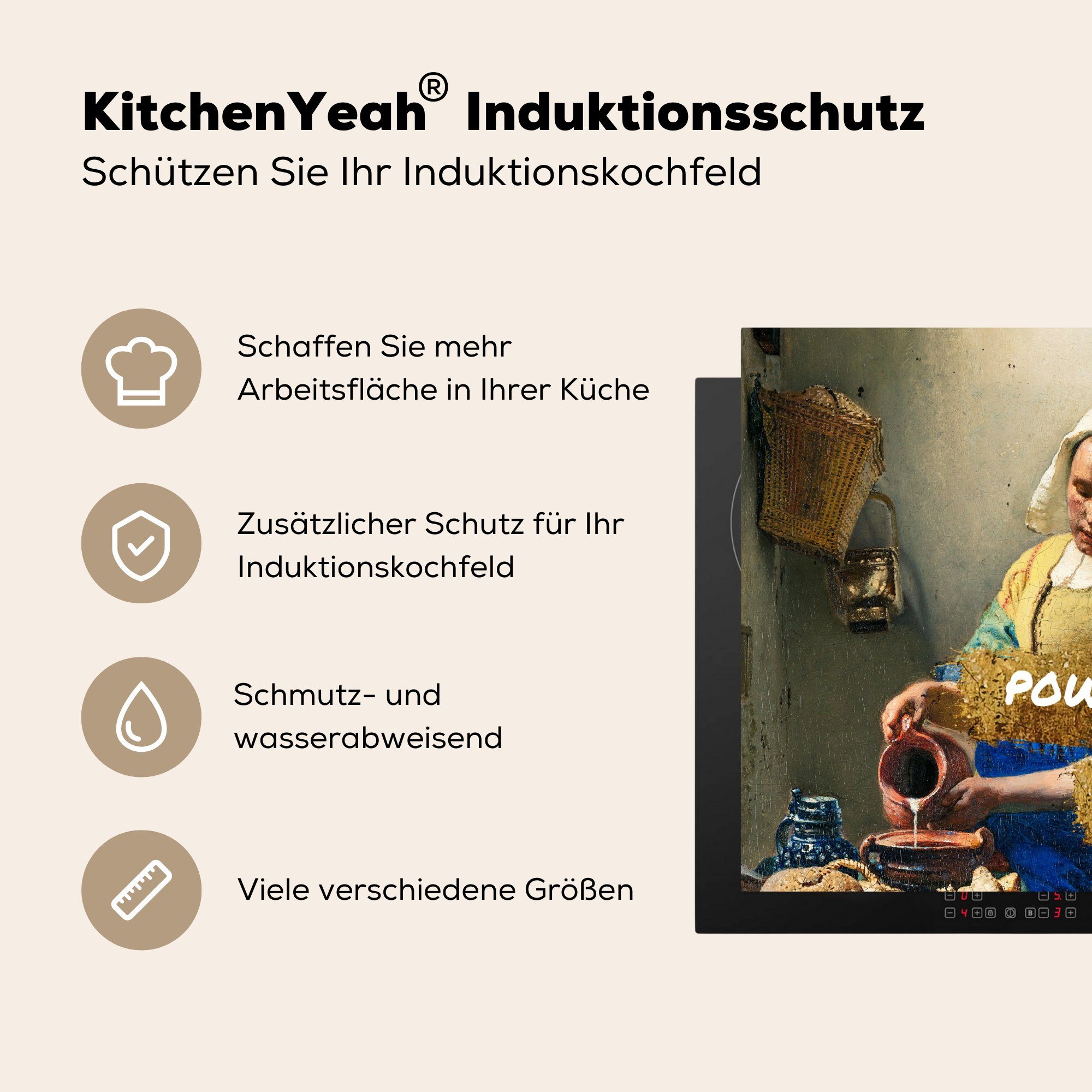 MuchoWow Herdblende-/Abdeckplatte Milchmädchen die Alte 59x52 tlg), (1 - Vinyl, Meister, Gold Zitate - cm, - Ceranfeldabdeckung Induktionsmatte küche, Gemälde für 
