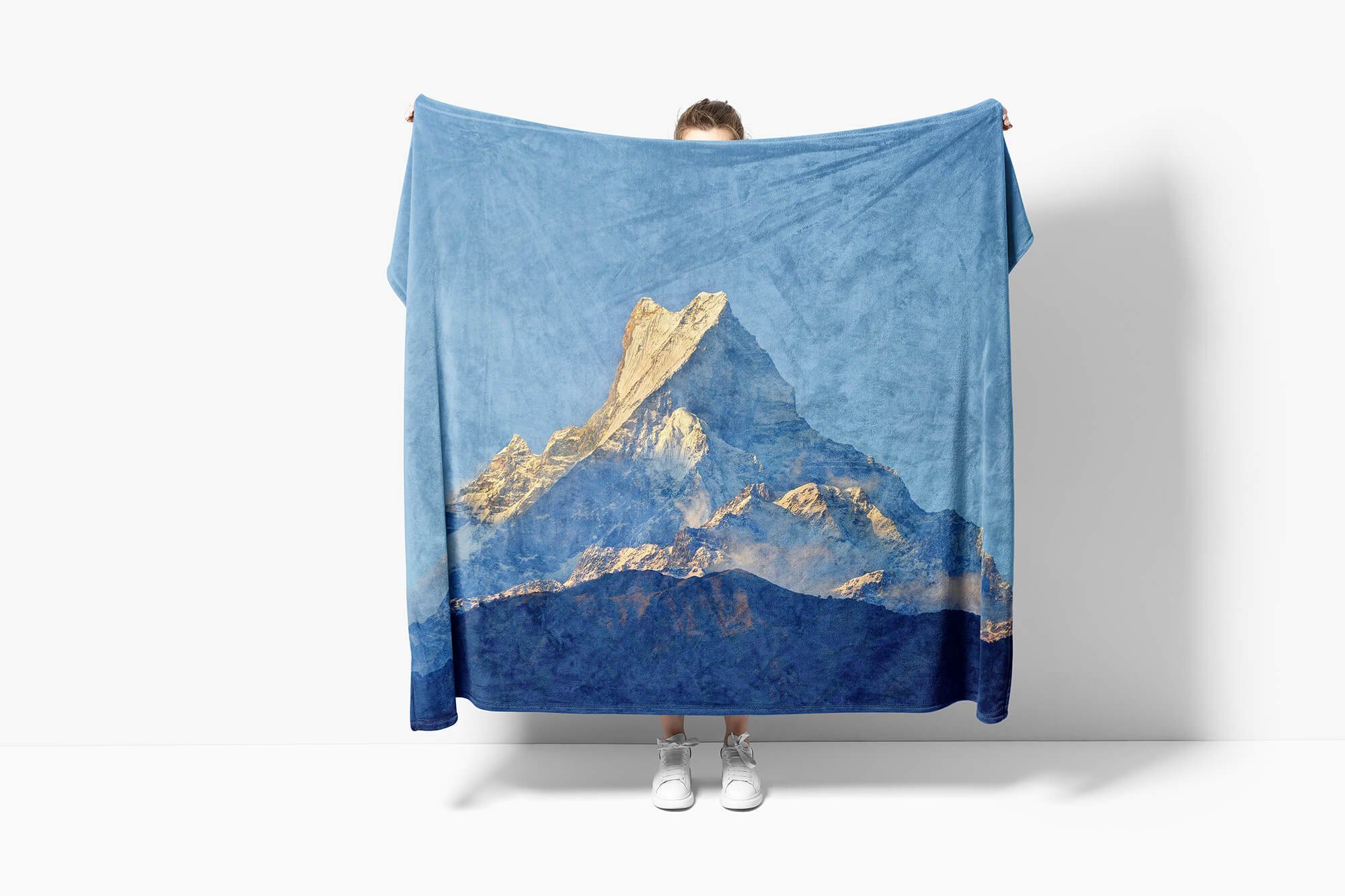 Art mit Kuscheldecke Bergspitze, Handtücher Sinus Baumwolle-Polyester-Mix Blau Fotomotiv Handtuch Berggipfel Strandhandtuch Saunatuch Handtuch (1-St),