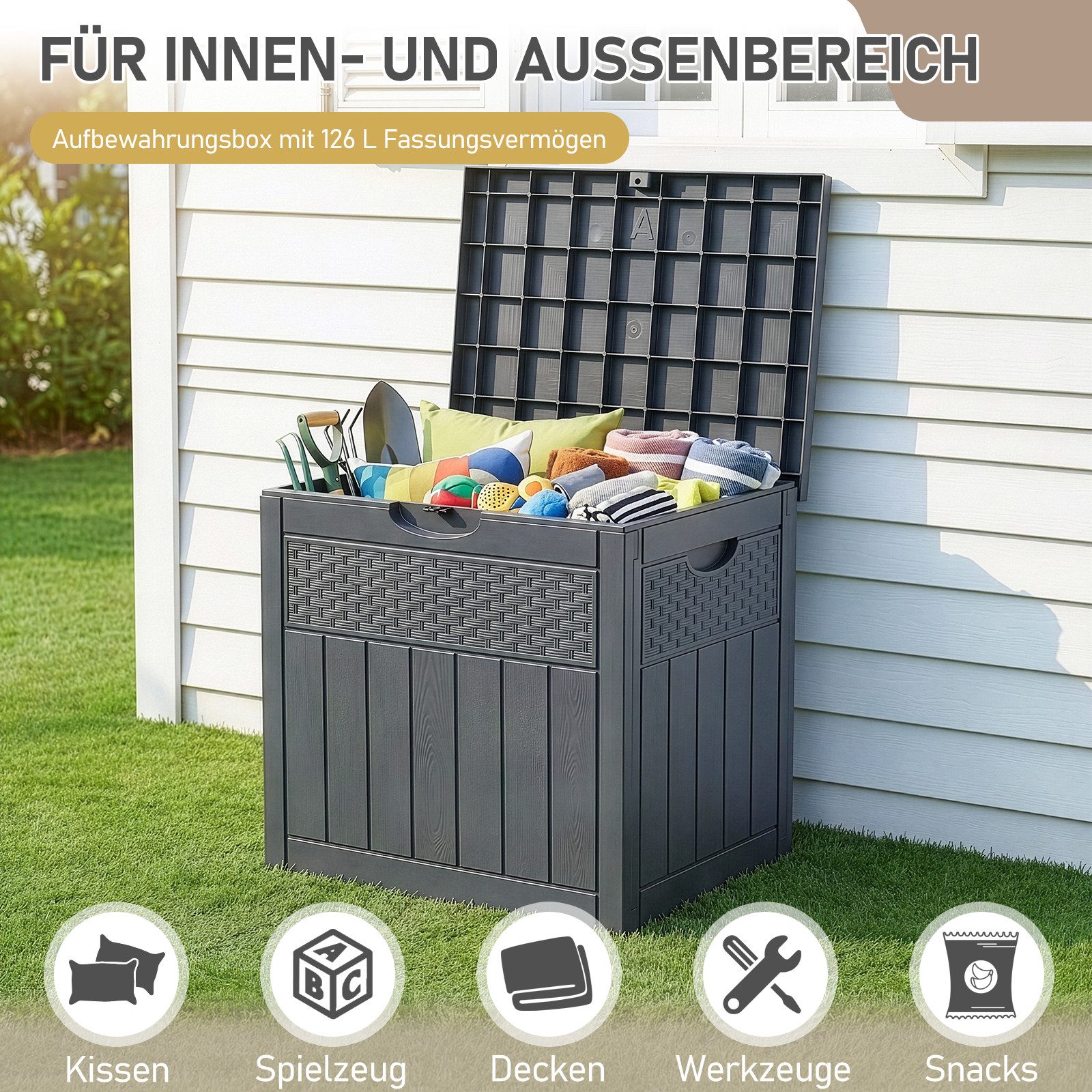 LALAHO Gartenbox Wasserdicht, 126L Kunststoff-Aufbewahrungsbox, für Garten, Terrasse, Balkon, 56x43x53 cm
