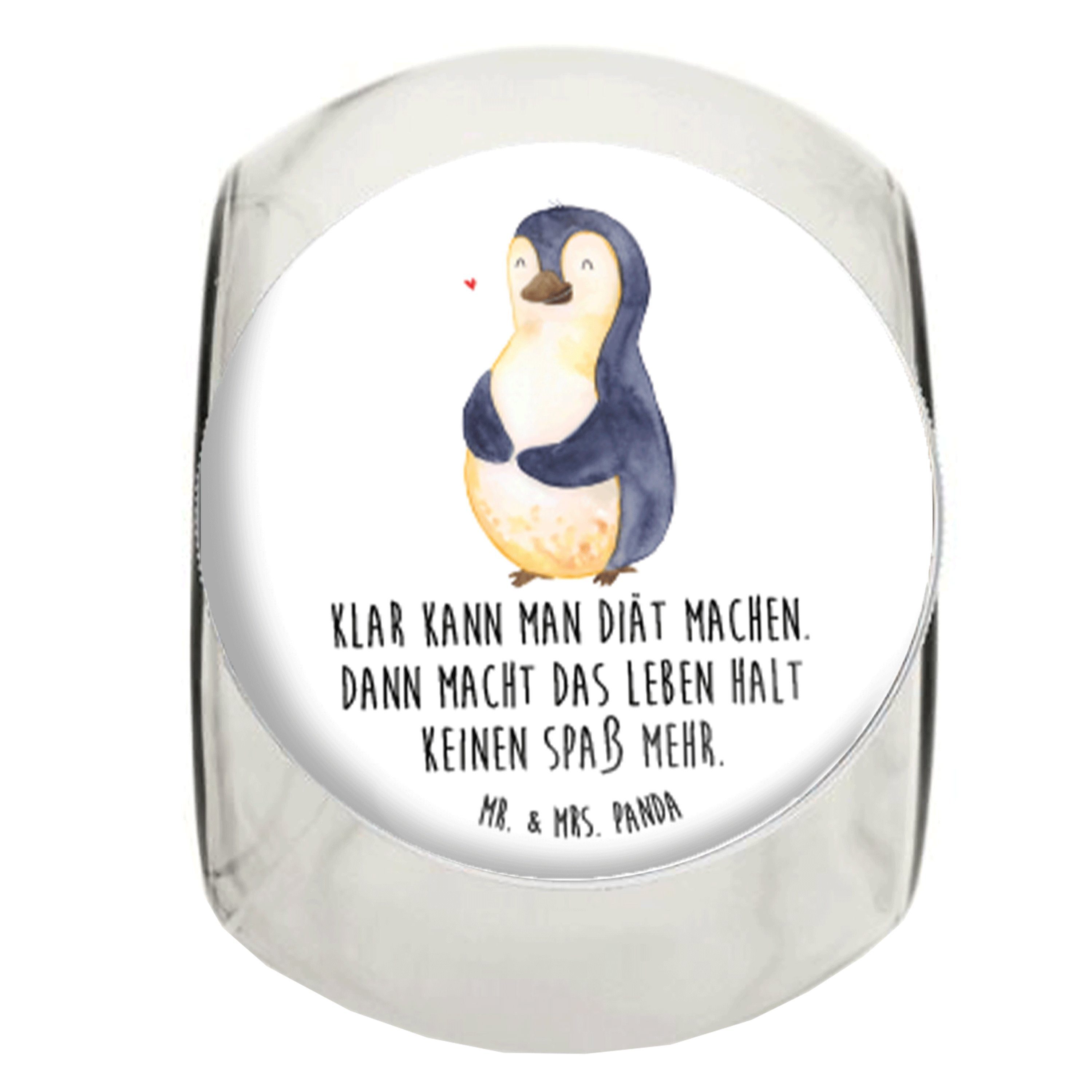 Mr. & Mrs. Panda Vorratsglas XL 2000ml Pinguin Diät - Weiß - Geschenk, Teedose, Keksedose, Küchenb, Premium Glas, (1-tlg), Herzmotiv