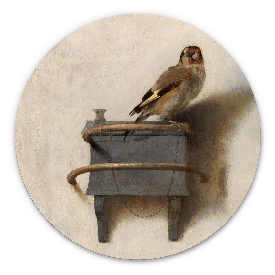 K&L Wall Art Alu-Dibond-Druck Metallbild rund Distelfink Nostalgie Vogel Vintage Deko Fabritius, Metalloptik Wandbild Ø 30cm, Metall Wandbild fürs Wohnzimmer Metallschild inkl. Wandhalterung