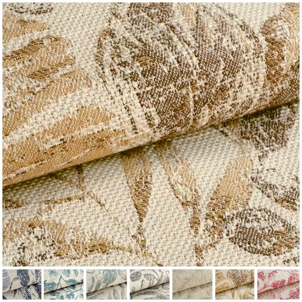 novely® Stoff exquisit FLORENZ Polsterstoff im Leinen-Look - Blumenmuster, Schwer Entzündbar, Robust, Abriebfest, Meterware, 1lfm