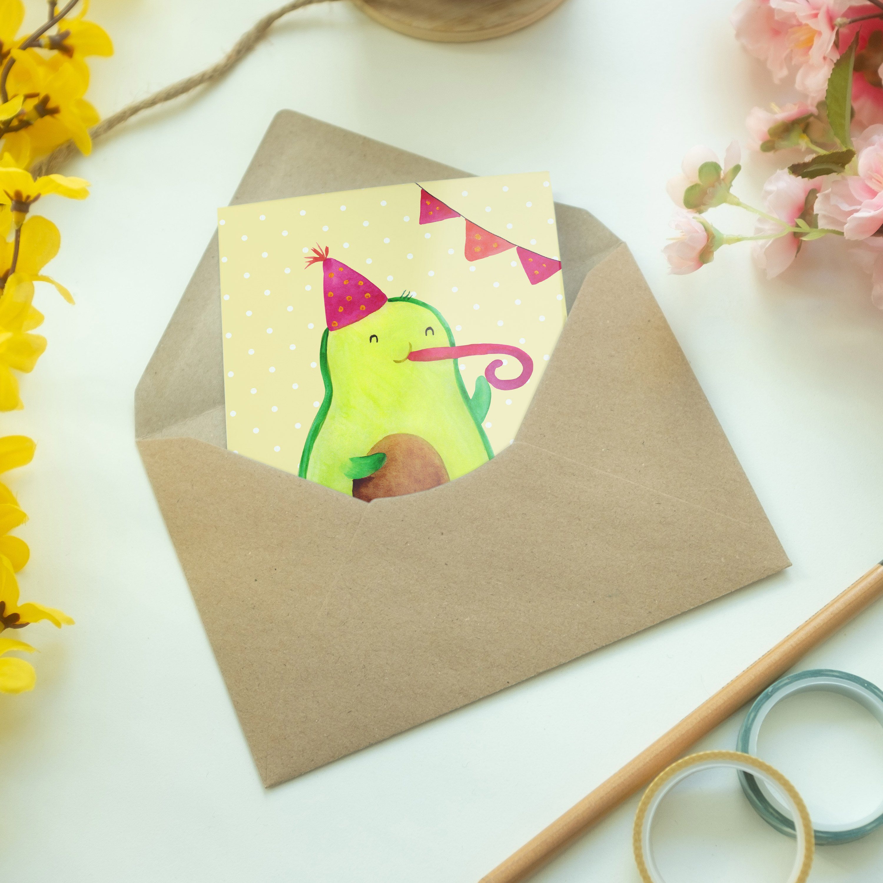 Mr. & Panda Mrs. Geschenk, Pastell Geburtstagskarte Gelb - Avocado Frucht, Birthday Grußkarte 