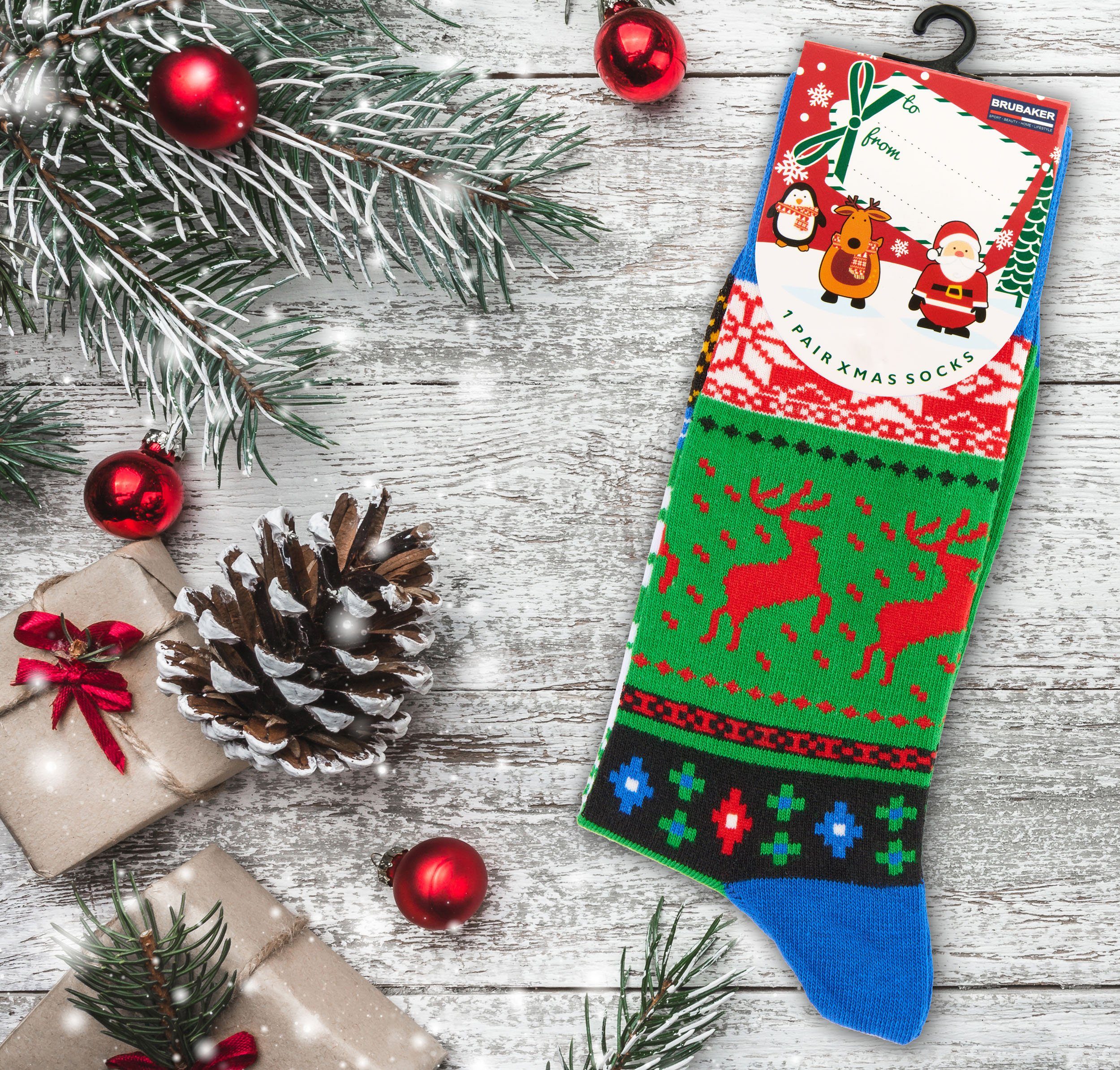 BRUBAKER Socken Weihnachtssocken - Lustige (Unisex my Bunt, Socken Damen und Baumwollsocken, Herren with Xmas Chillin 3-Paar) Snowmies für und Bier