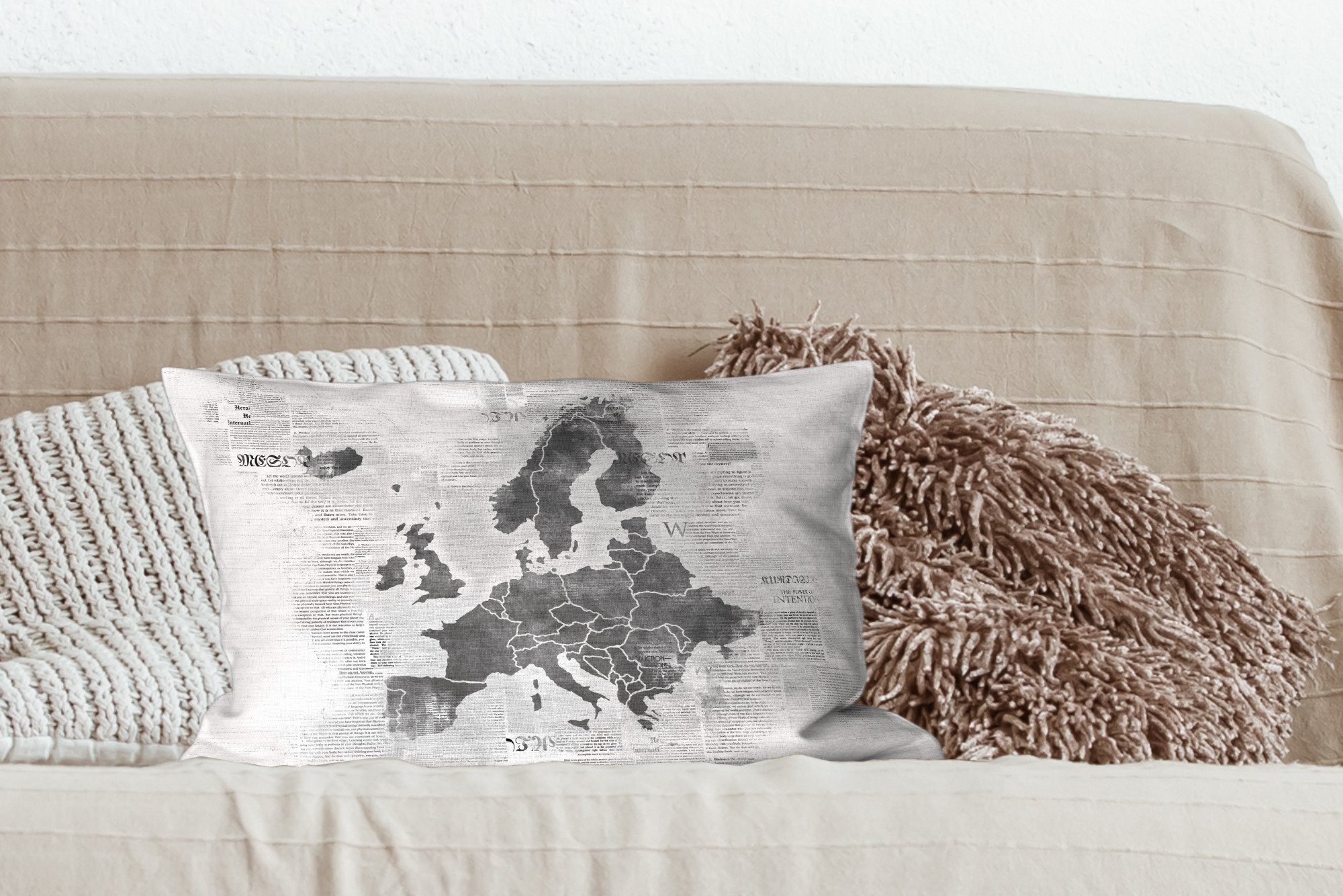 Schlafzimmer Füllung, Dekokissen - weiß, schwarz Zeitungspapier Eurocard Zierkissen, MuchoWow mit Dekoration, auf und Wohzimmer Dekokissen