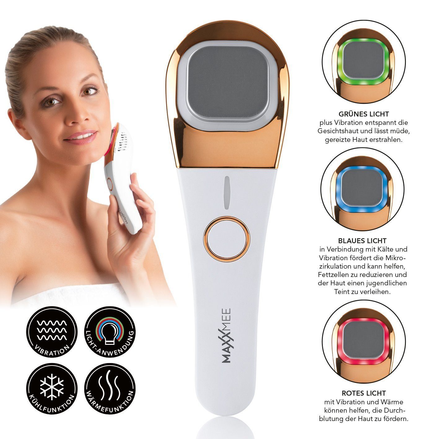 MAXXMEE Elektrische Hautpflegebürste Gesichtspflege Face Contour - weiß/rosegold, 5-tlg., Ideal zur Verwendung an angespannter, gereizter und erschlaffter Haut