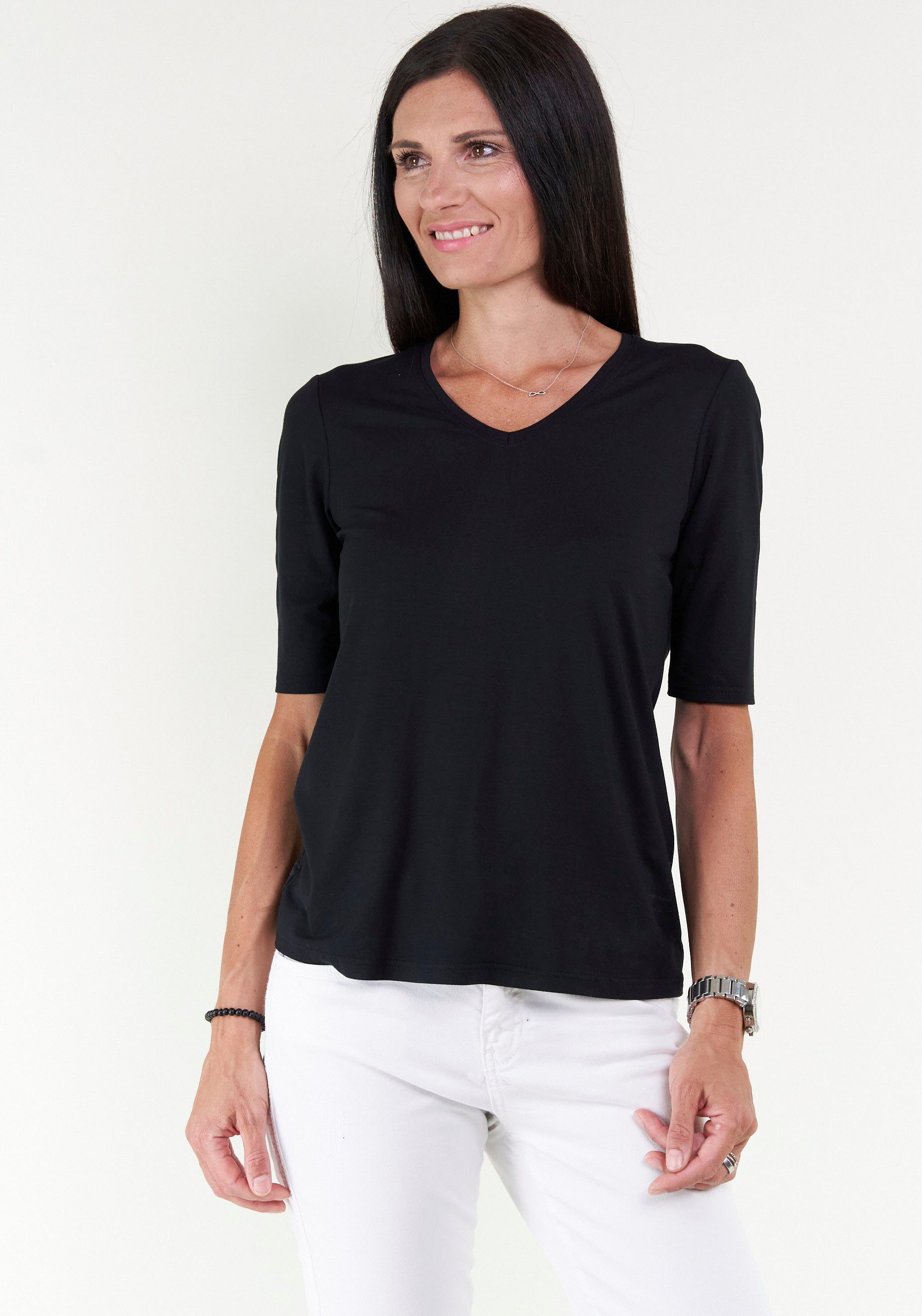 Seidel Moden V-Shirt mit Halbarm aus schwarz GERMANY Material, softem IN MADE