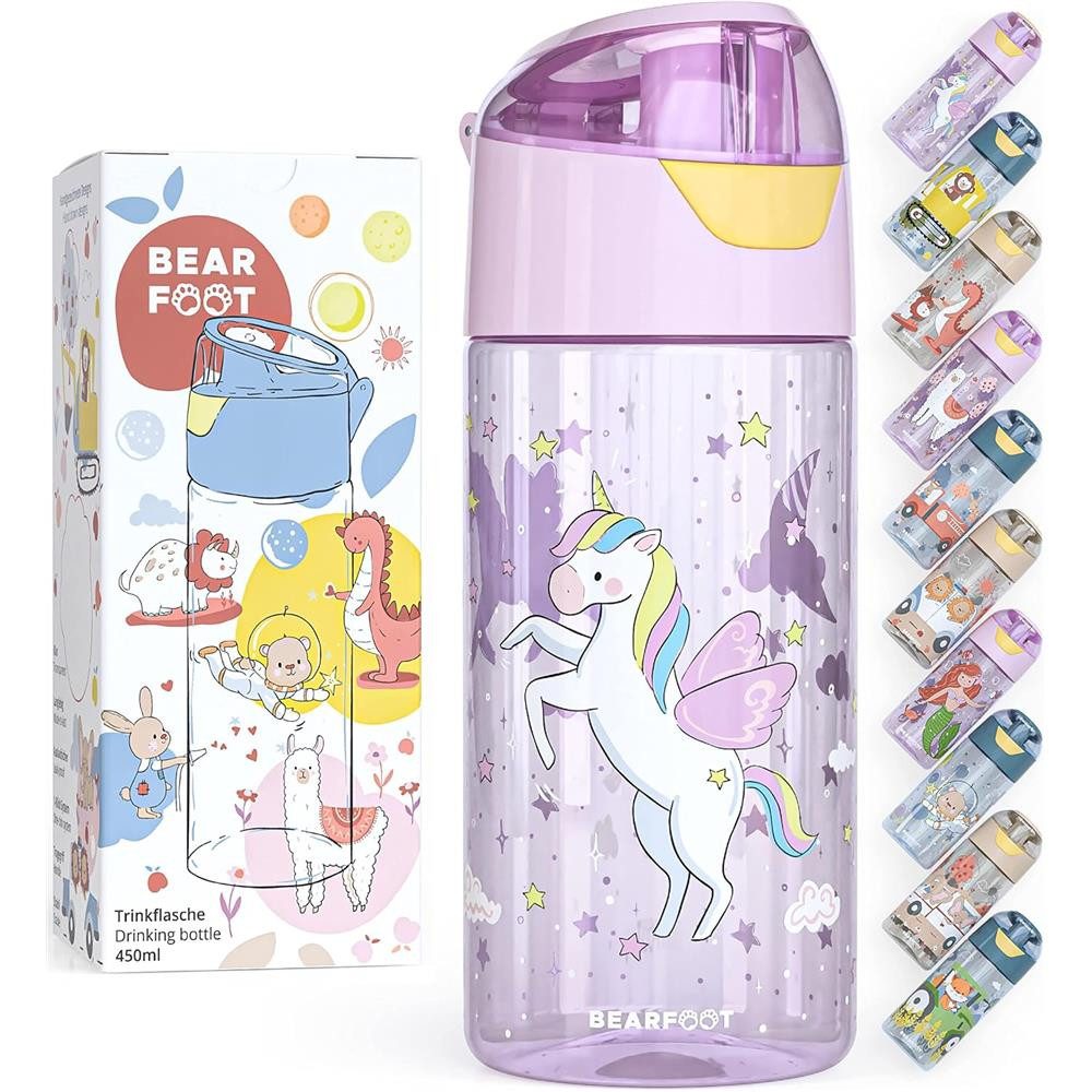 BEARFOOT Trinkflasche Kinder-Trinkflasche 450 ml, Einhorn, Auslaufsicher, BPA-frei, 1-Klick-System, spülmaschinengeeignet