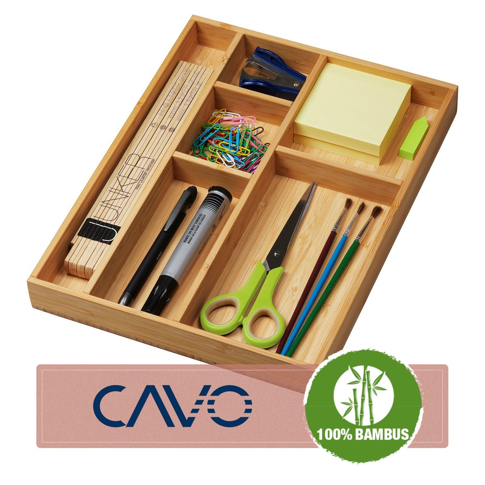 CAVO Schubladeneinsatz Bambus Schubladen-Organizer 245 x 320 x 35 mm mit 6-Fächern (1 St), natürlich antimikrobiell, resistent gegen Flecken & Gerüche