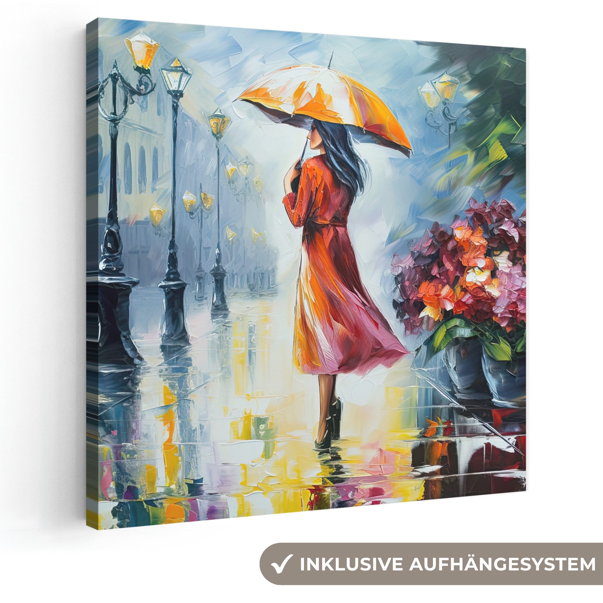 OneMillionCanvasses® Leinwandbild Ölfarbenoptik - Regenschirm - Frau - Straße - Kunst, Fotodruck (1 St), Wandbild, Deko Schlafzimmer Wohnzimmer Flur 20x20 cm