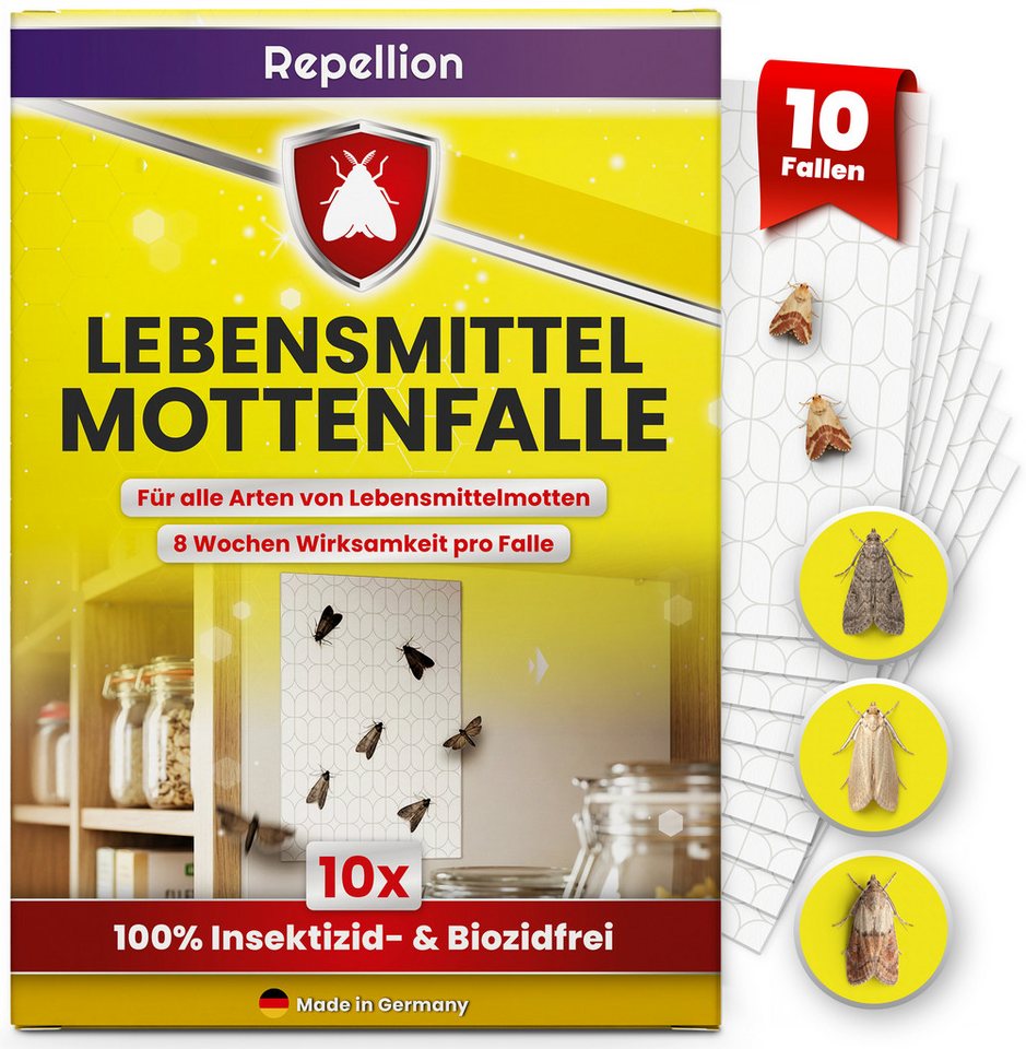 Repellion Klebefalle Lebensmittelmottenfalle 10 Stück, Pheromonfalle für den Vorratsschrank, insektizid- & biozidfrei, geruchlos, bis zu 8 Wochen, Made in Germany