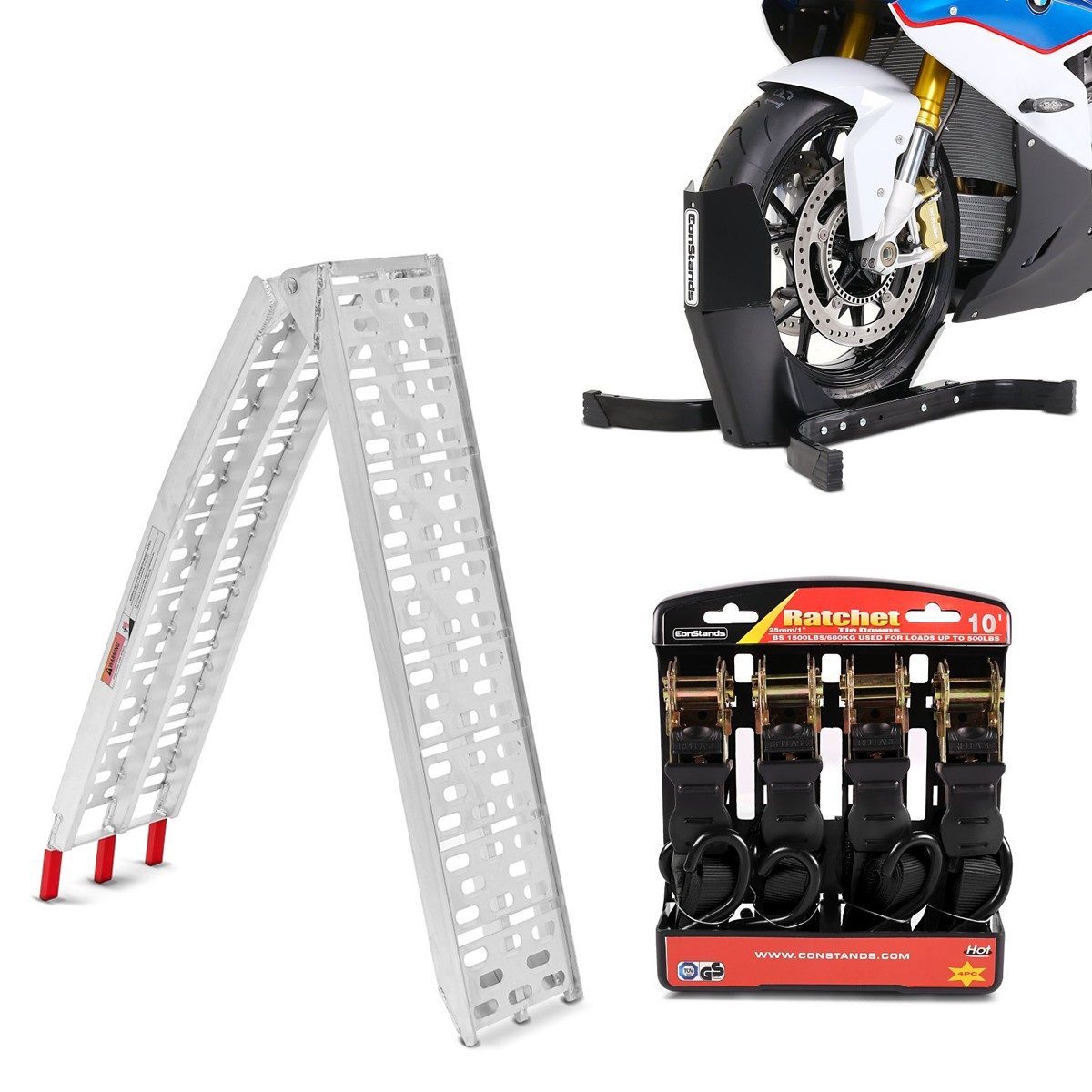 ConStands Motorradheber Set: Auffahrrampe Alu CS1 + Motorradwippe + Spanngurt Set