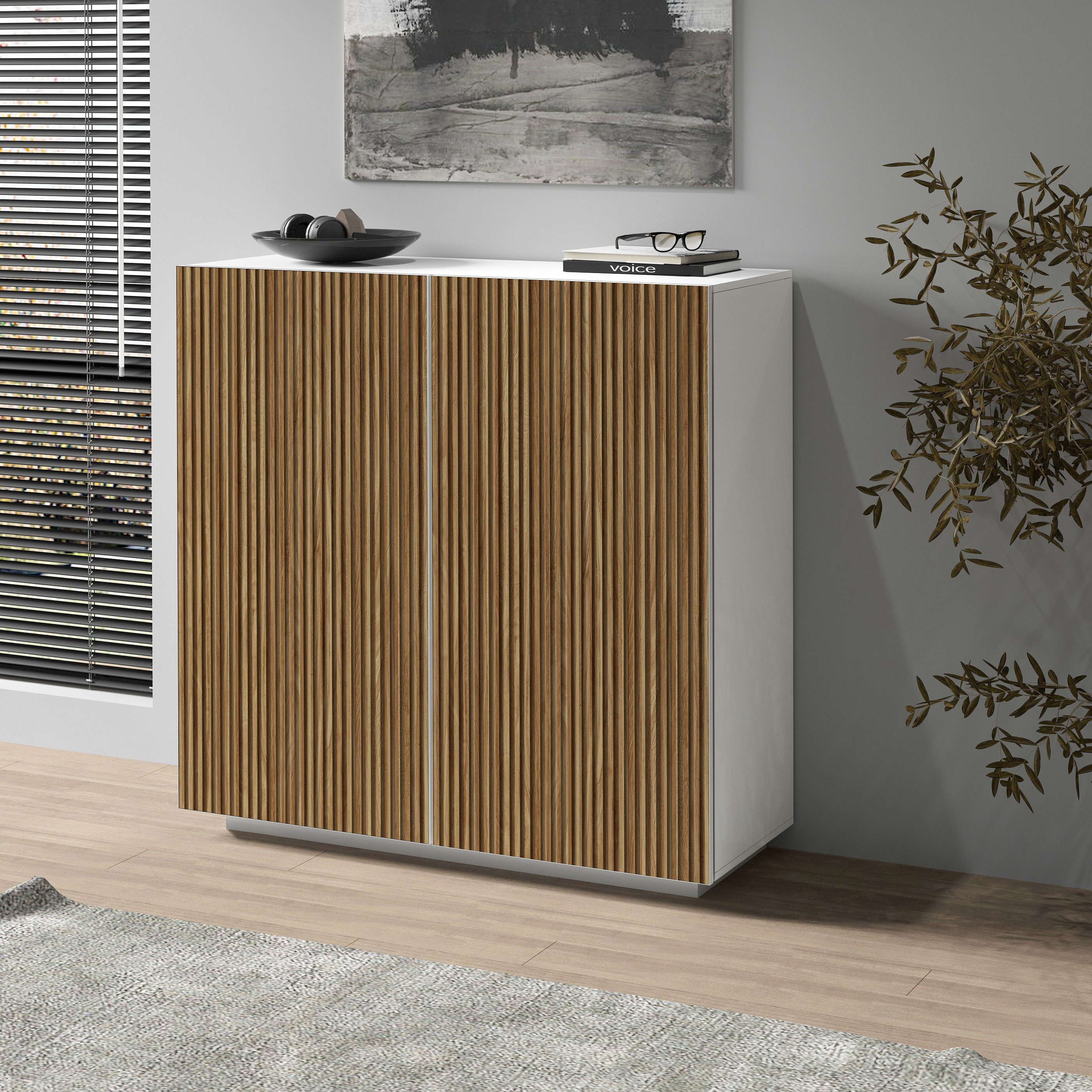 Home affaire Highboard Vega,Highboard,Kommode,120 cm, mit 2 Türen,Fronten mit Rillen-Optik