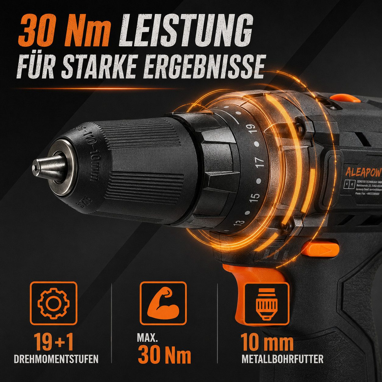 Aleapow Akku-Schrauber, 1350,00 U/min, 30,00 Nm, (12V Bohrschrauber, 24-tlg., 2-Gang-Getriebe, Schnellladung, LED-Licht), 12V Bohrschrauber, 30Nm, 19+1 Einstellungen