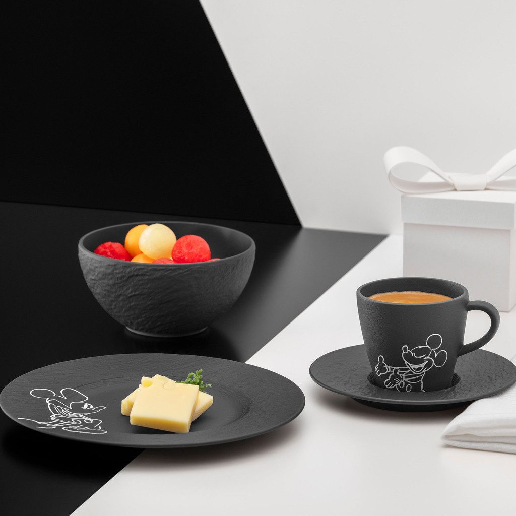 Villeroy & Boch Frühstücks-Geschirrset Manufacture - Mickey Mouse (4-tlg), 1 Personen, Porzellan, Premium Porcelain, 4 Stck, mikrowellensicher,spülmaschinenfest, Made i