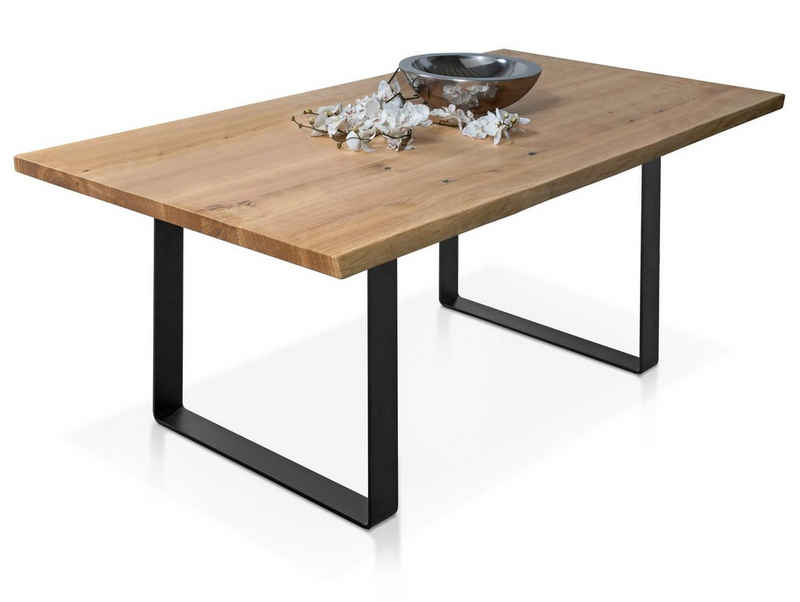 Moebel-Eins Esstisch, NEBRASKA II Massivholztisch mit Baumkante, Eiche/Metallkufen Schwarz