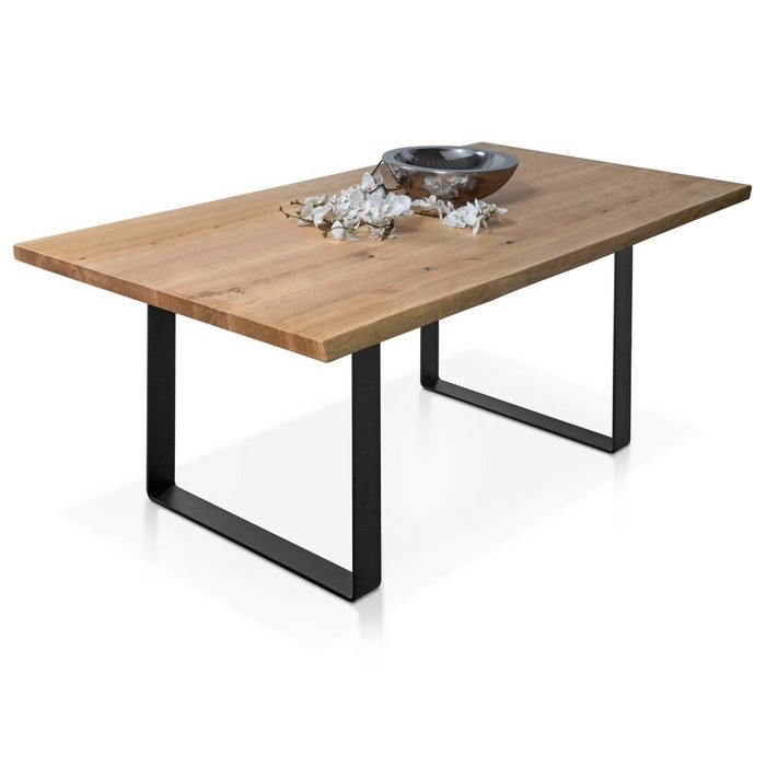 Moebel-Eins Esstisch NEBRASKA II Massivholztisch mit Baumkante Eiche/Metallkufen Schwarz