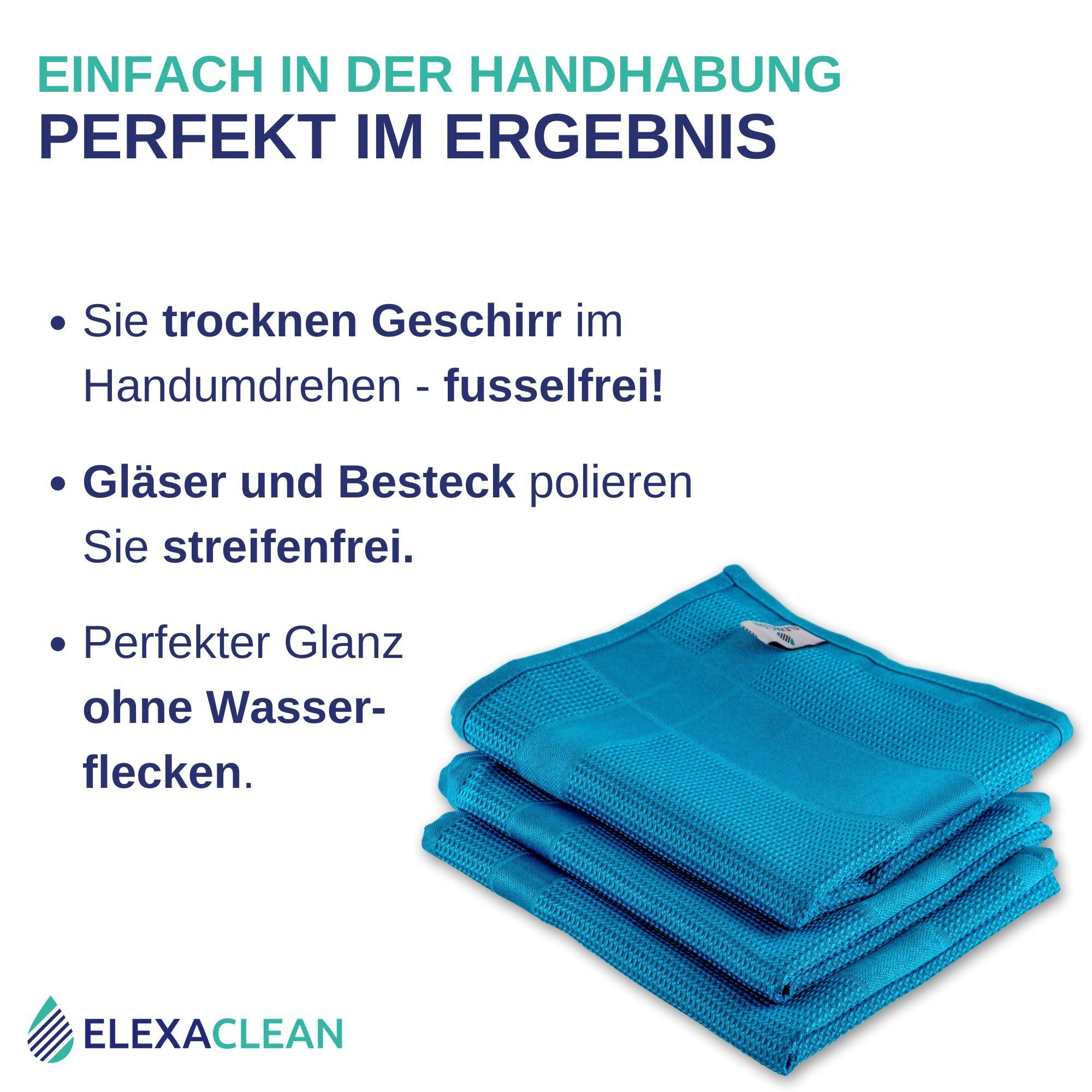 Küchentücher cm), Blau Poliertücher, fusselfrei 68x42 ELEXACLEAN Geschirrtuch (Set, saugstark, 3-tlg., ultrafein, Mikrofaser