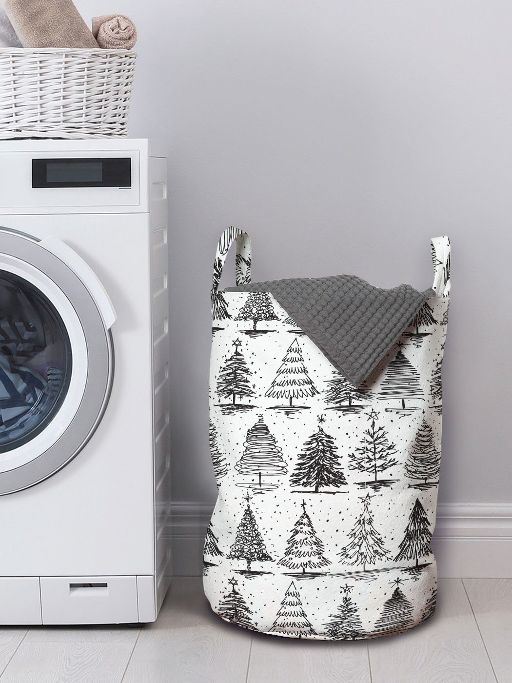 Griffen für Waschsalons, Weihnachten Abakuhaus Kordelzugverschluss Wäschesäckchen Silvester Monochrome Wäschekorb mit