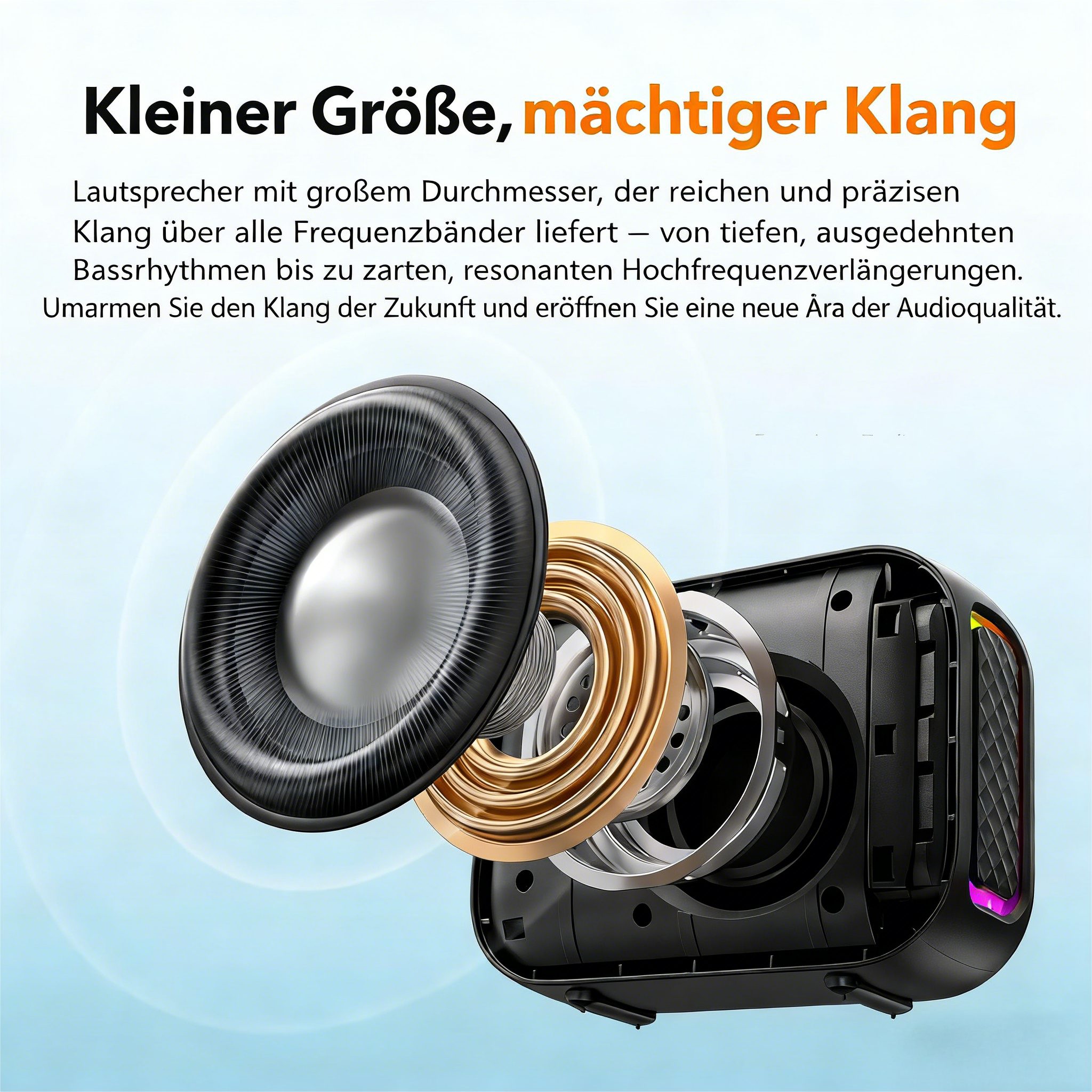 Toomoke Tragbarer Bluetooth Lautsprecher mit Licht,Musikbox Bluetooth 5.3 Lautsprecher (IPX5,1200mAh,10m Reichweite,Tragbarer Outdoor Speaker mit Haken)