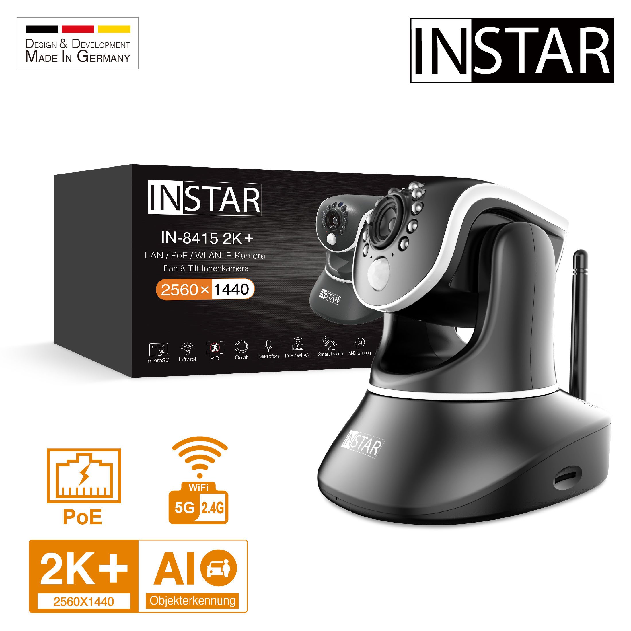 INSTAR Überwachungskamera IN-8415 2K+ (LAN / WLAN / PoE Version) (Innenbereich, WLAN, LAN und PoE, IR Nachtsicht, 2-Wege-Audio, Geräuscherkennung, PIR)