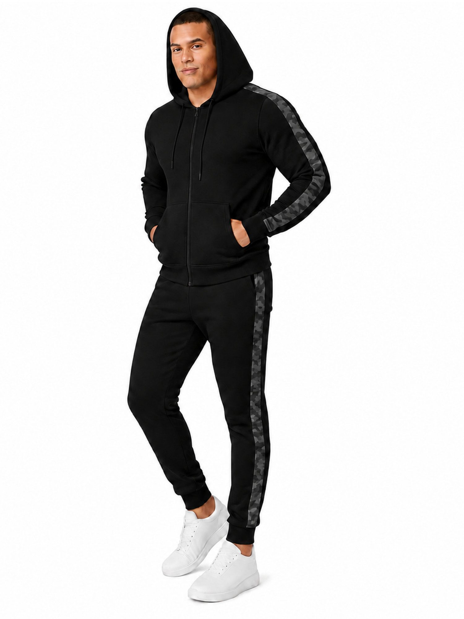 L.gonline Freizeitanzug Herren Jogginganzug einfarbig 100% BW 586 Camouflage L (Kapuzenjacke mit Reißverschluss, Hose, 2-tlg), Fitness Freizeit Casual