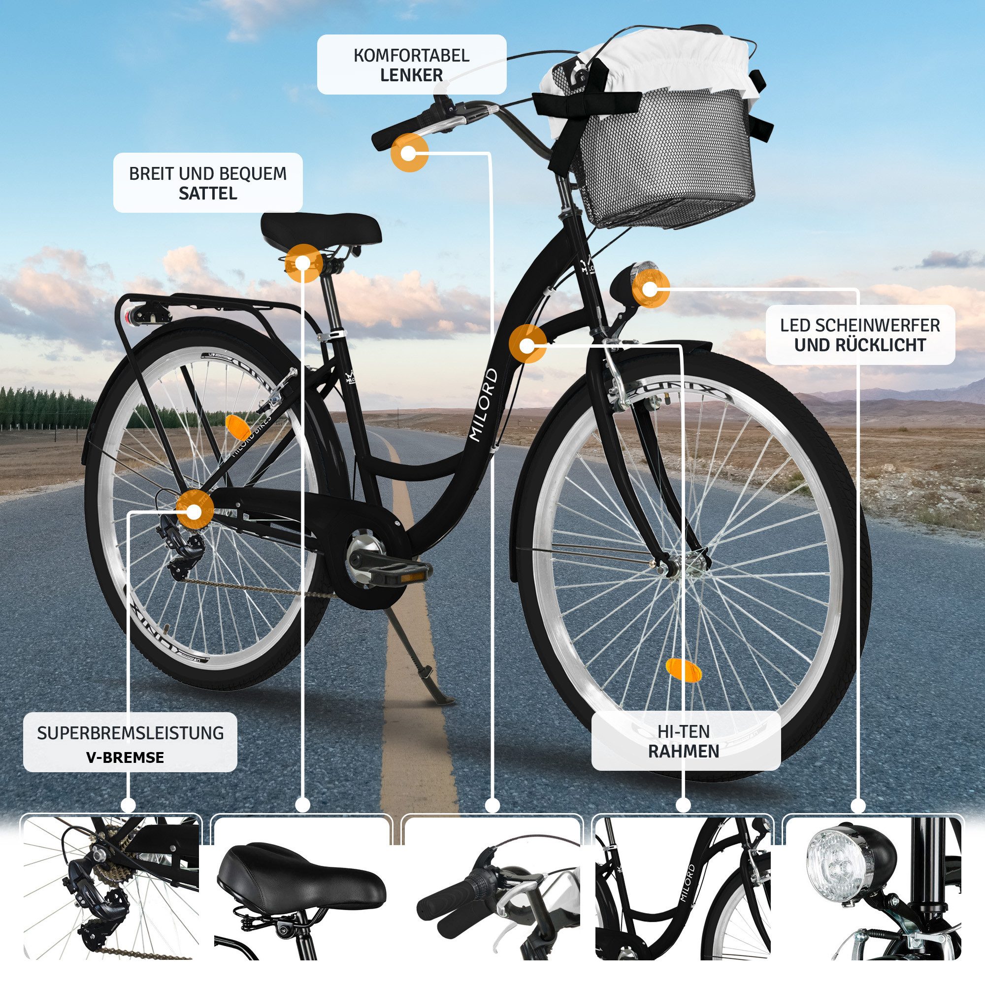 Milord Cityrad Milord Komfort City Fahrrad mit Korb Retro Damenfahrrad, 28/26 Zoll, 7 Gang, (Fahrradständer, Gepäckträger, Klingel, Korb, Kotflügel), Schwarz, 7-Gang