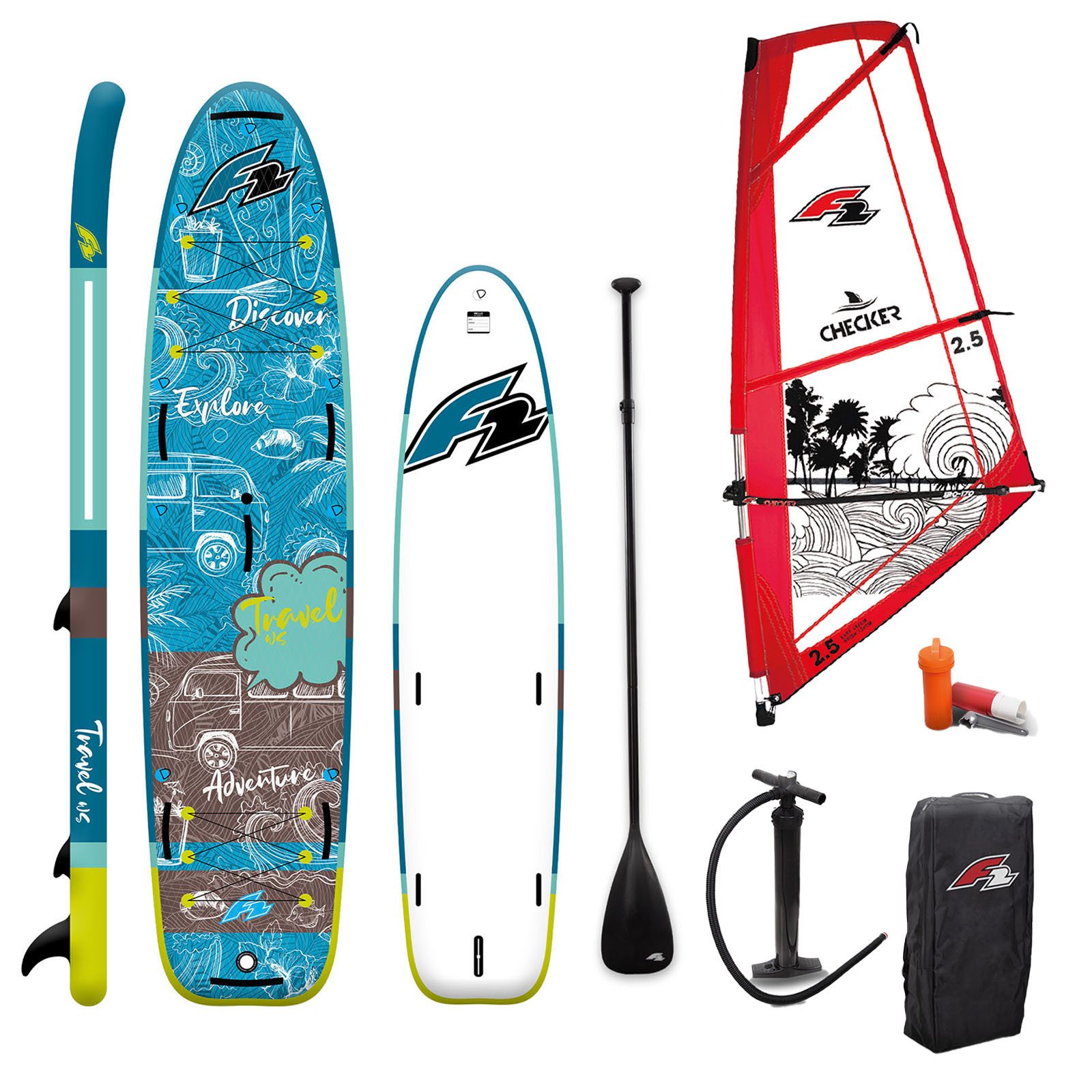 SUP-Board F2 Set Travel SUP 12" mit Windsurfsegel Checker 5qm