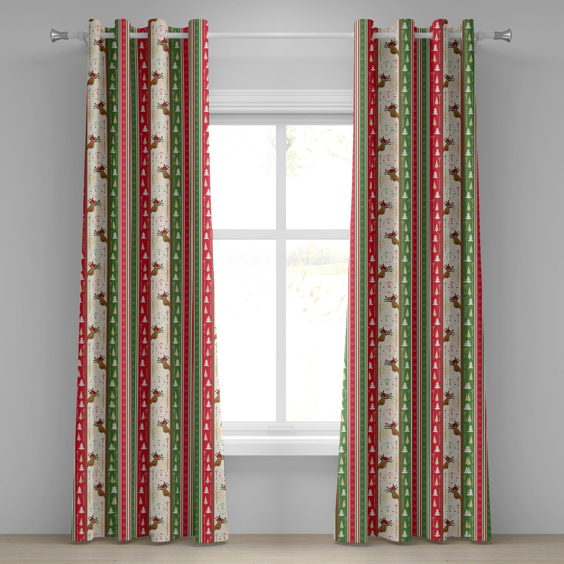 für Dekorative Weihnachten 2-Panel-Fenstervorhänge Borders Pines Abakuhaus, Schlafzimmer Wohnzimmer, Gardine Deer