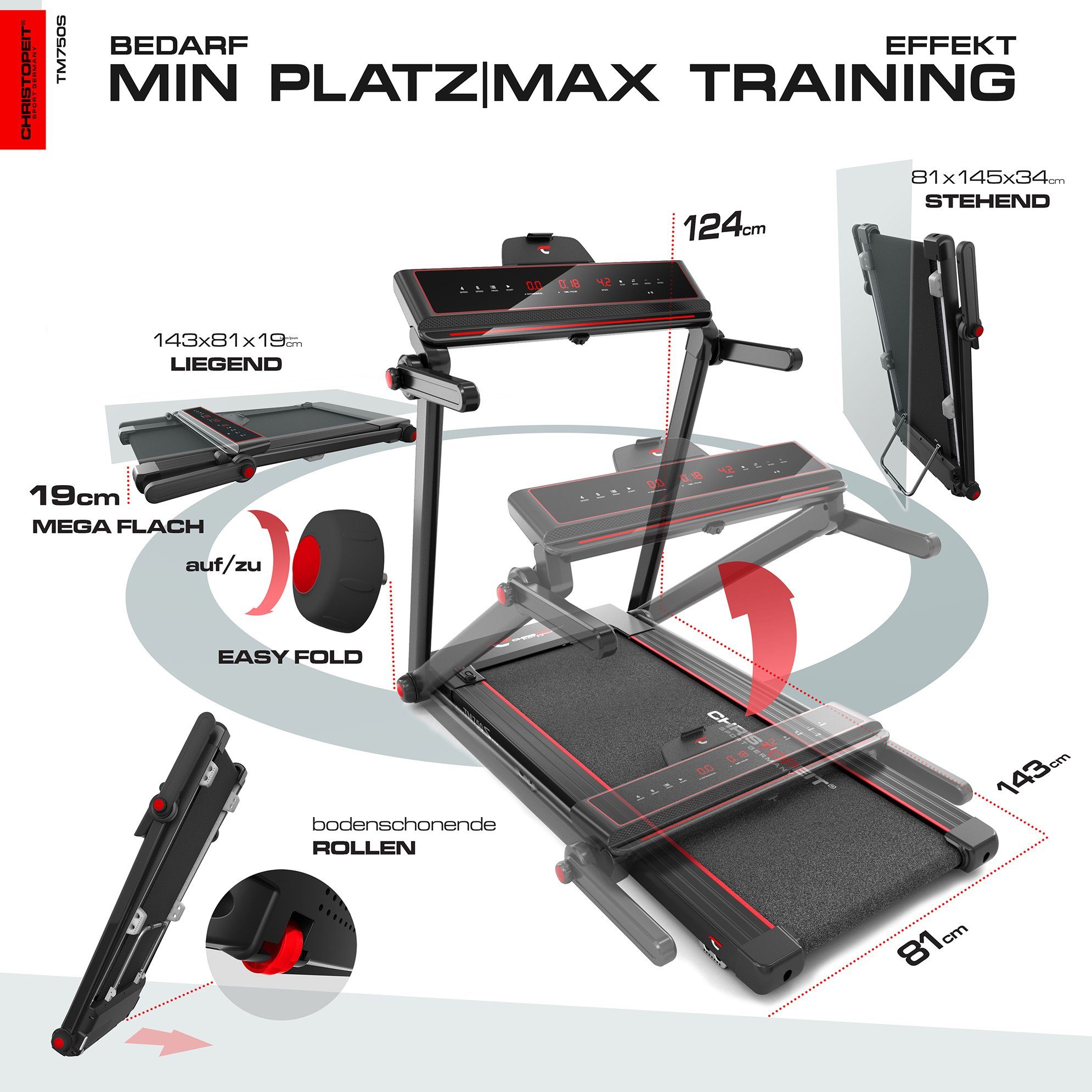 Christopeit Sport® Laufband TM 750 S (mit/ohne Pulsgurt) (95% vormontiert, nur 19 cm flach), bis max. 16 km/h, klappbar, 130 kg max. Benutzergewicht