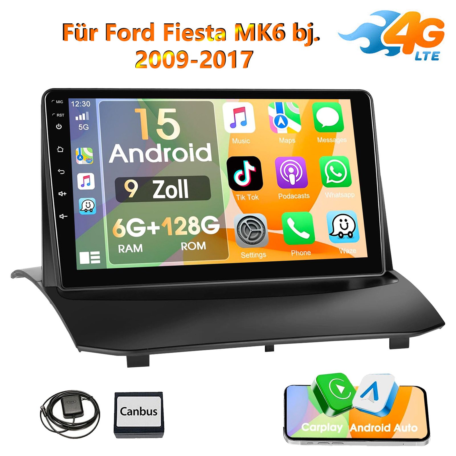 ESSGOO 6+128G Android 15 GPS NAVI für Ford Fiesta MK6 bj. 2008-2016 Carplay Autoradio (RDS, FM, DAB+ (optional), SWC)