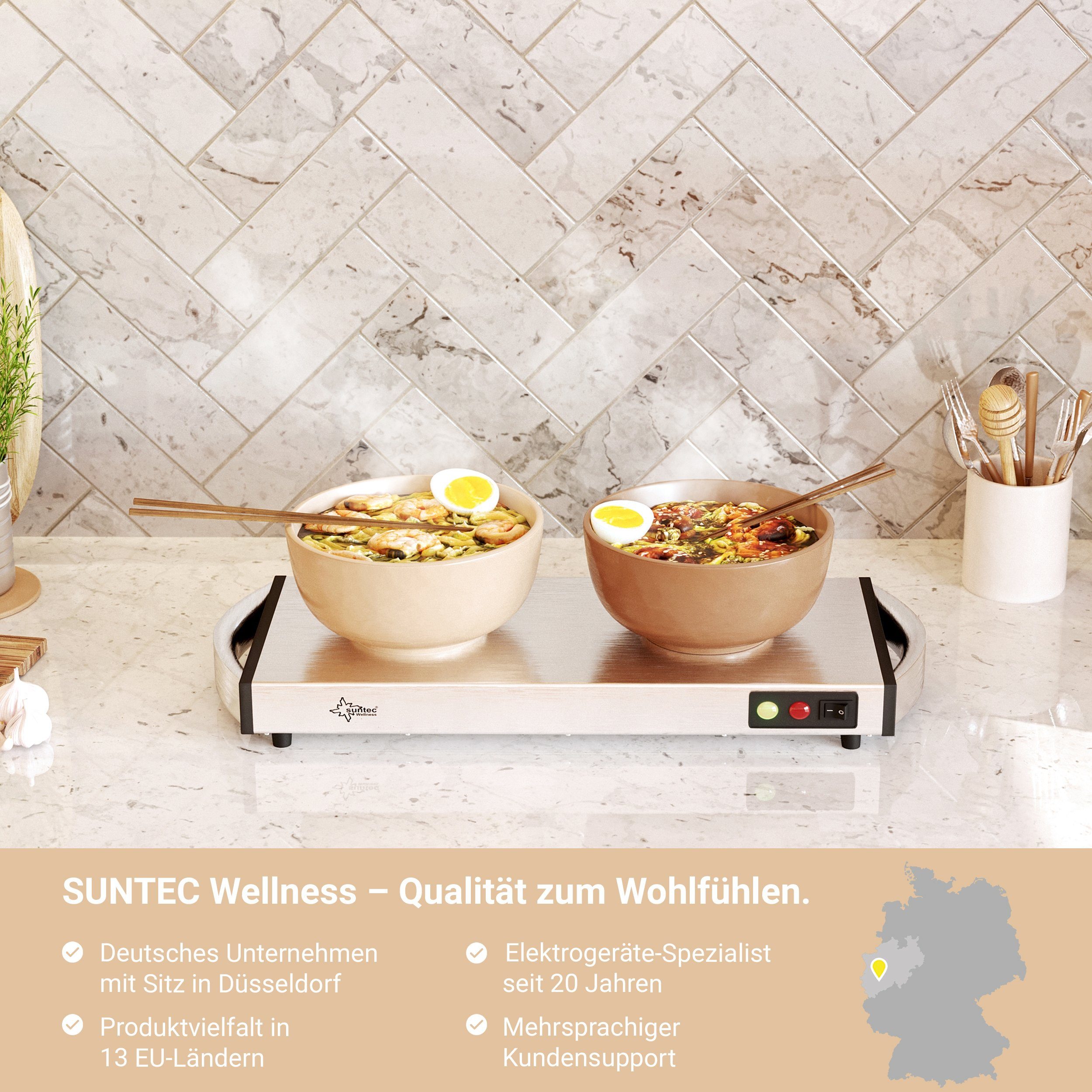 Warmhalteplatte Suntec cm, Wellness 20 cordless, WHP-8472 W, min. Edelstahl kabellos 40 1100 Speisewärmer, x 60 nutzen,